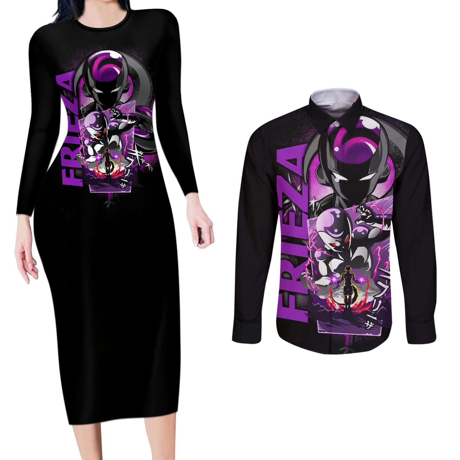 Frieza Dragon Ball Couples Matching Long Sleeve Bodycon Dress and Long Sleeve Button Shirt Anime Mix Text Pattern Abstract Style