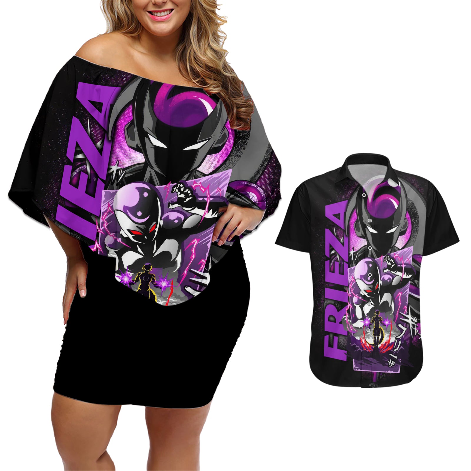 Frieza Dragon Ball Couples Matching Off Shoulder Short Dress and Hawaiian Shirt Anime Mix Text Pattern Abstract Style