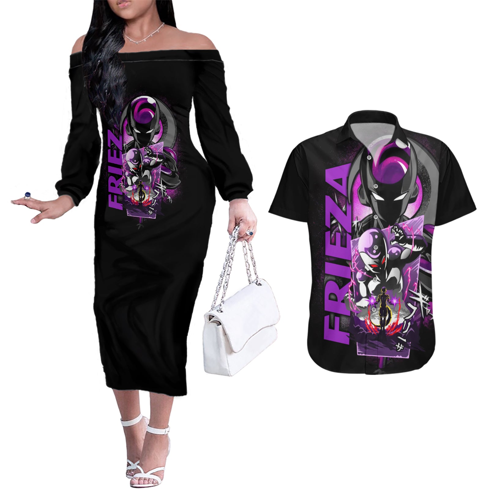 Frieza Dragon Ball Couples Matching Off The Shoulder Long Sleeve Dress and Hawaiian Shirt Anime Mix Text Pattern Abstract Style