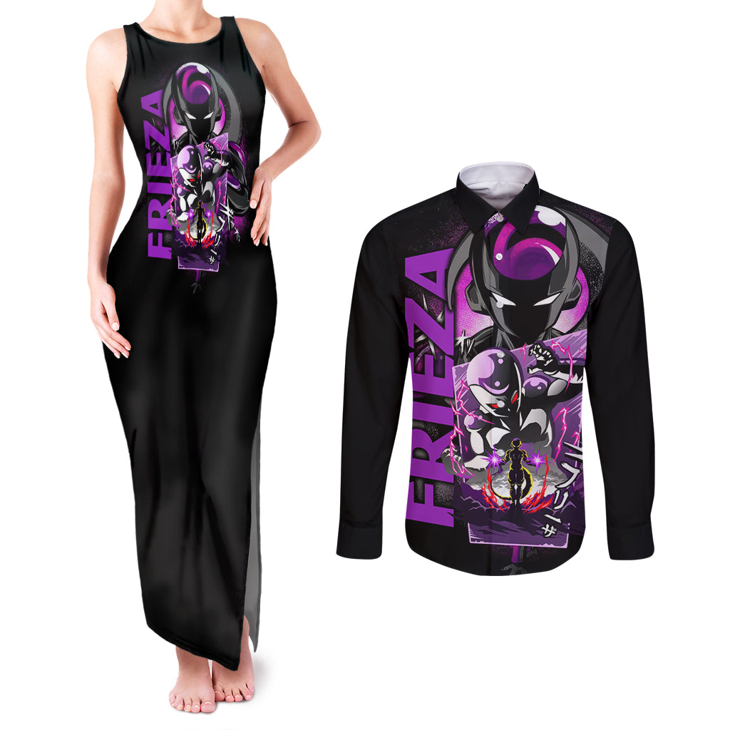 Frieza Dragon Ball Couples Matching Tank Maxi Dress and Long Sleeve Button Shirt Anime Mix Text Pattern Abstract Style