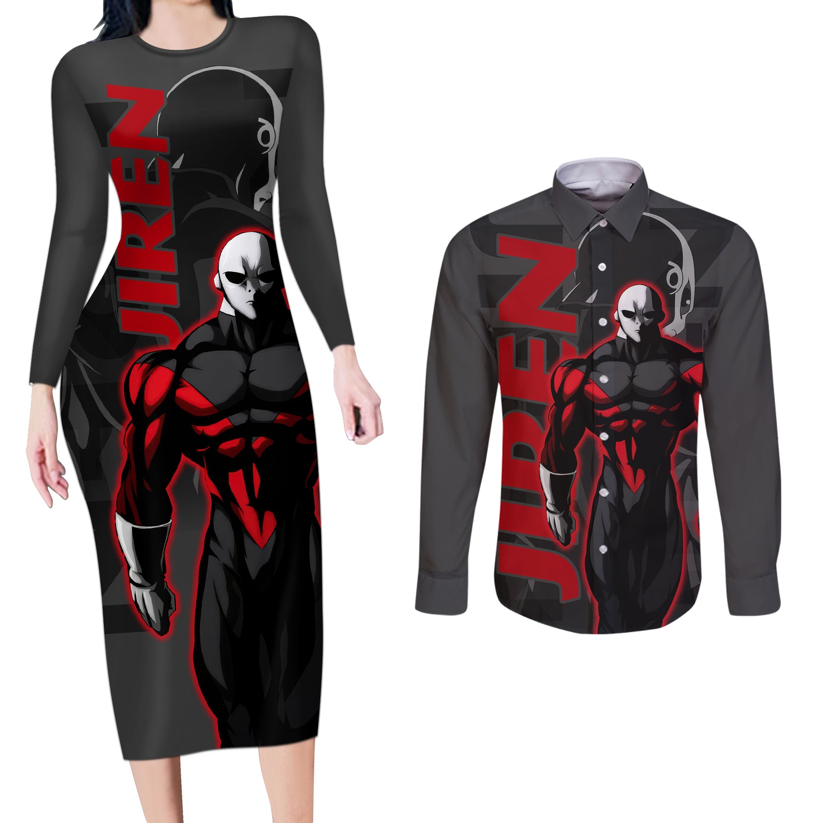 Jiren Dragon Ball Couples Matching Long Sleeve Bodycon Dress and Long Sleeve Button Shirt Anime Mix Text Pattern Abstract Style