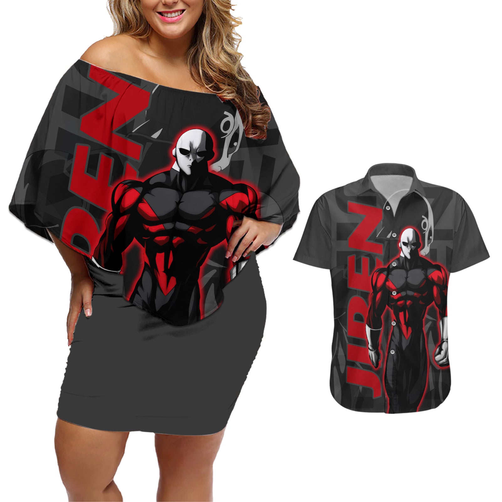 Jiren Dragon Ball Couples Matching Off Shoulder Short Dress and Hawaiian Shirt Anime Mix Text Pattern Abstract Style