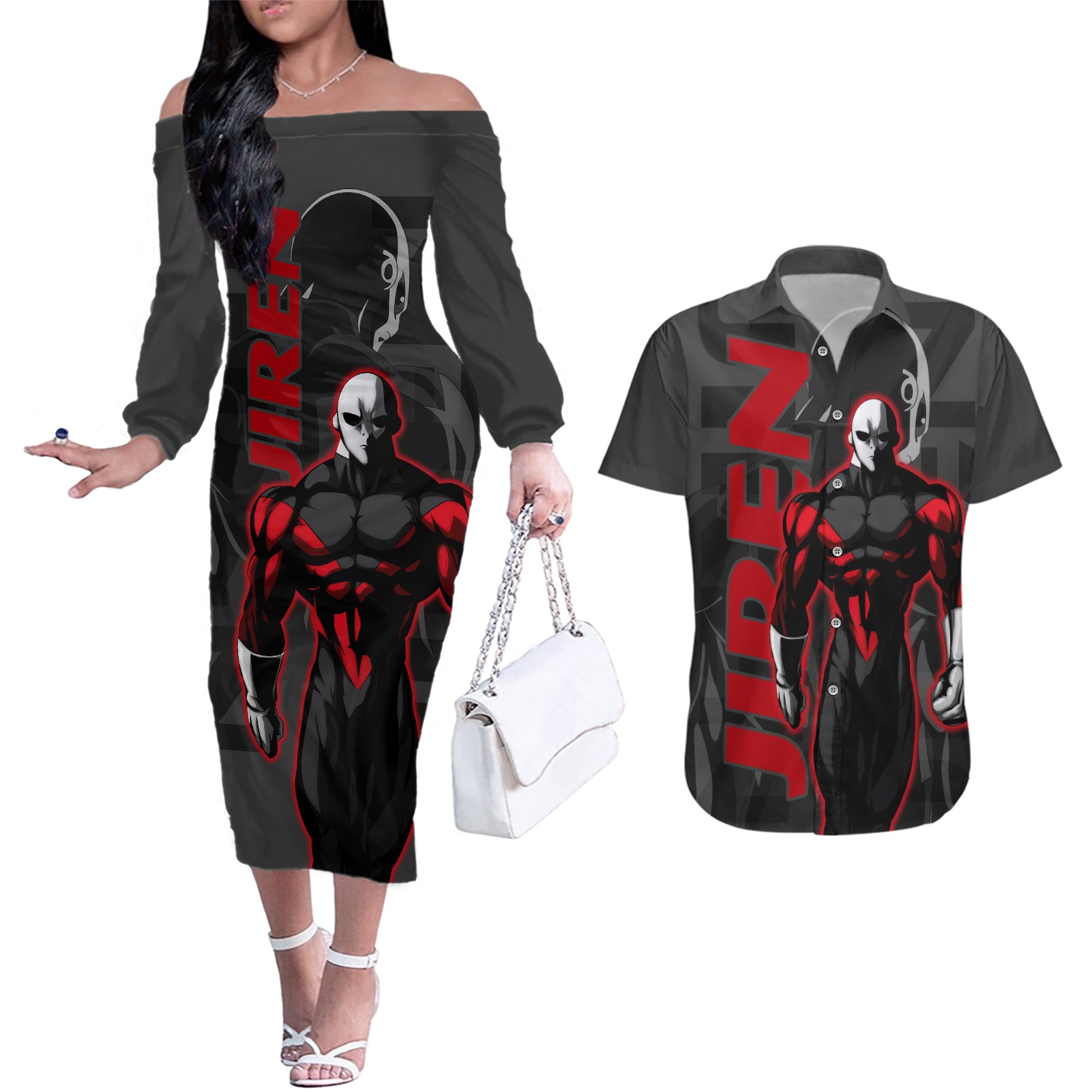 Jiren Dragon Ball Couples Matching Off The Shoulder Long Sleeve Dress and Hawaiian Shirt Anime Mix Text Pattern Abstract Style