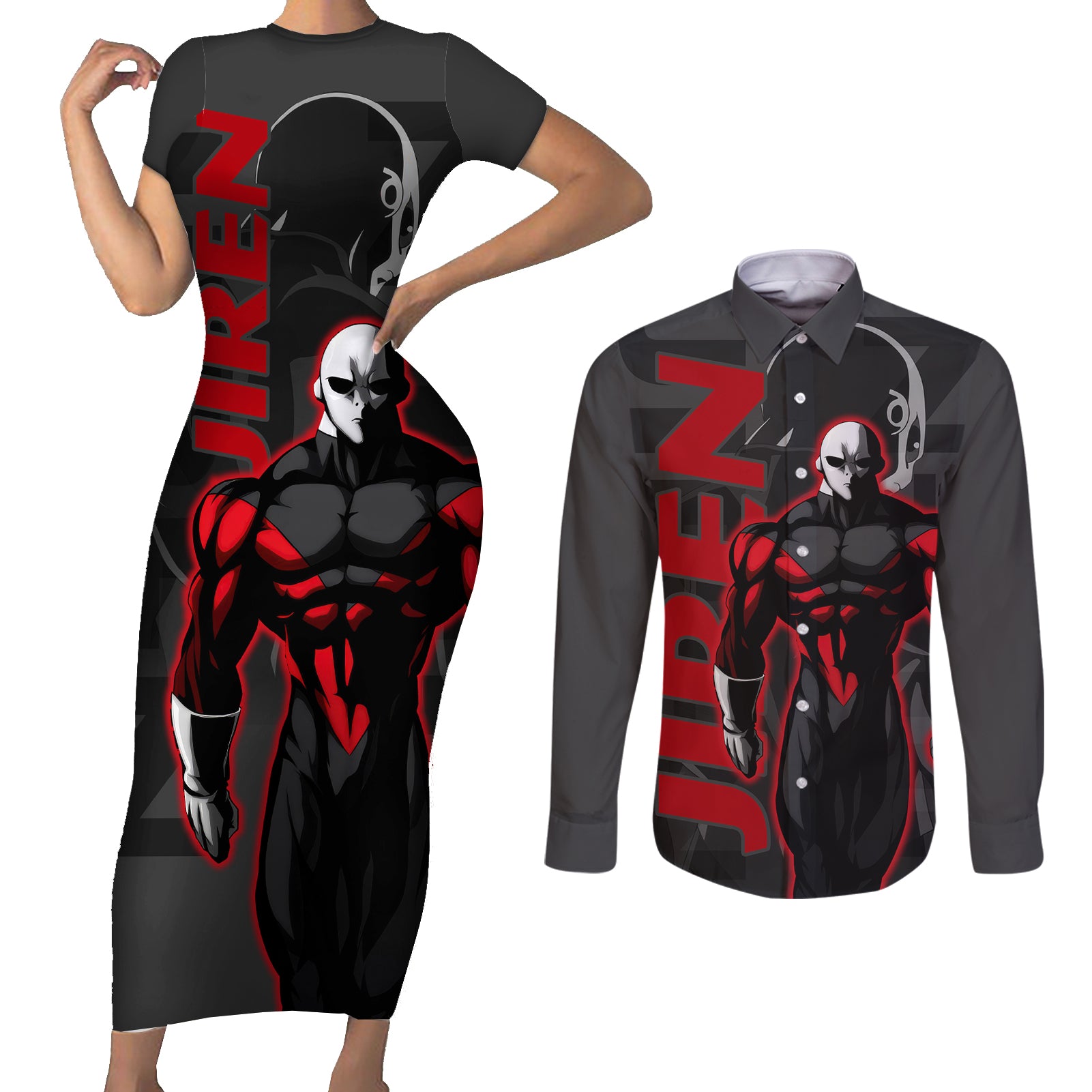 Jiren Dragon Ball Couples Matching Short Sleeve Bodycon Dress and Long Sleeve Button Shirt Anime Mix Text Pattern Abstract Style