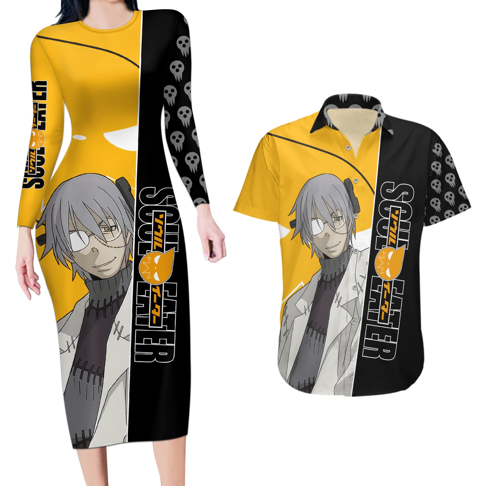 Stein Franken Soul Eater Couples Matching Long Sleeve Bodycon Dress and Hawaiian Shirt Anime Art Mix With Skull Pattern Style