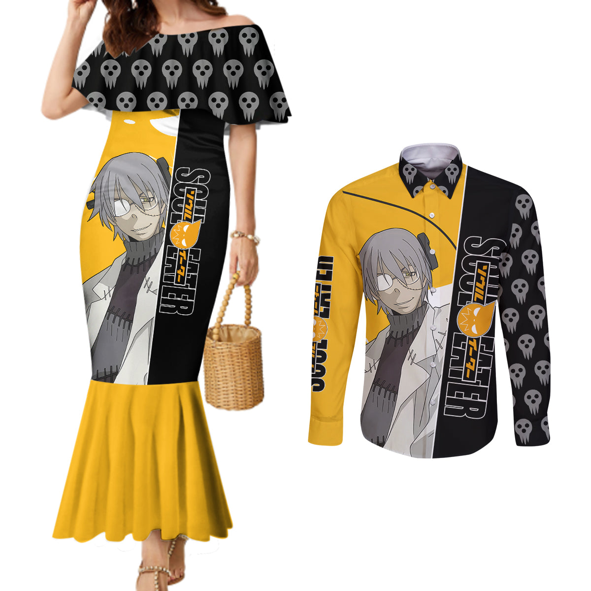 Stein Franken Soul Eater Couples Matching Mermaid Dress and Long Sleeve Button Shirt Anime Art Mix With Skull Pattern Style