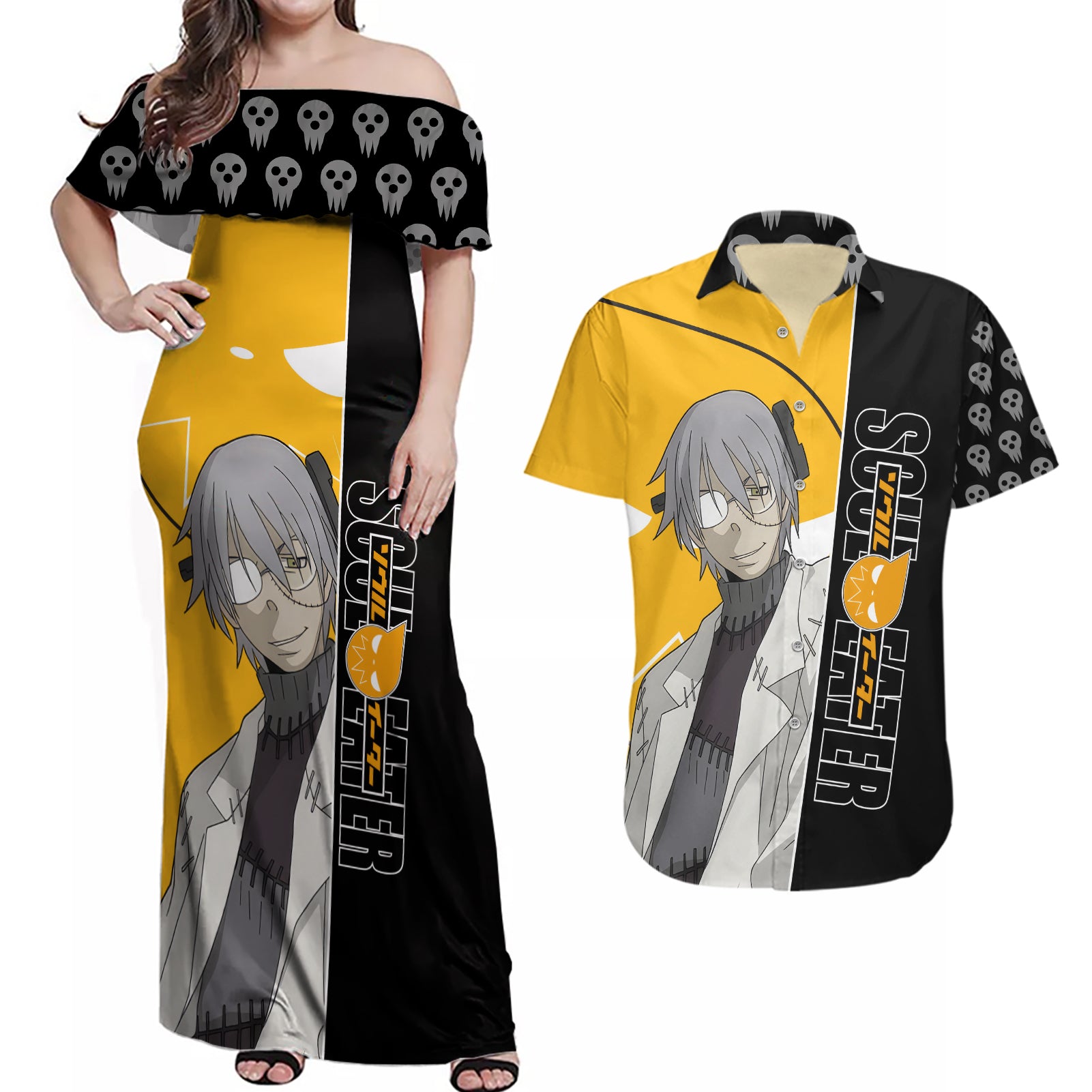 Stein Franken Soul Eater Couples Matching Off Shoulder Maxi Dress and Hawaiian Shirt Anime Art Mix With Skull Pattern Style