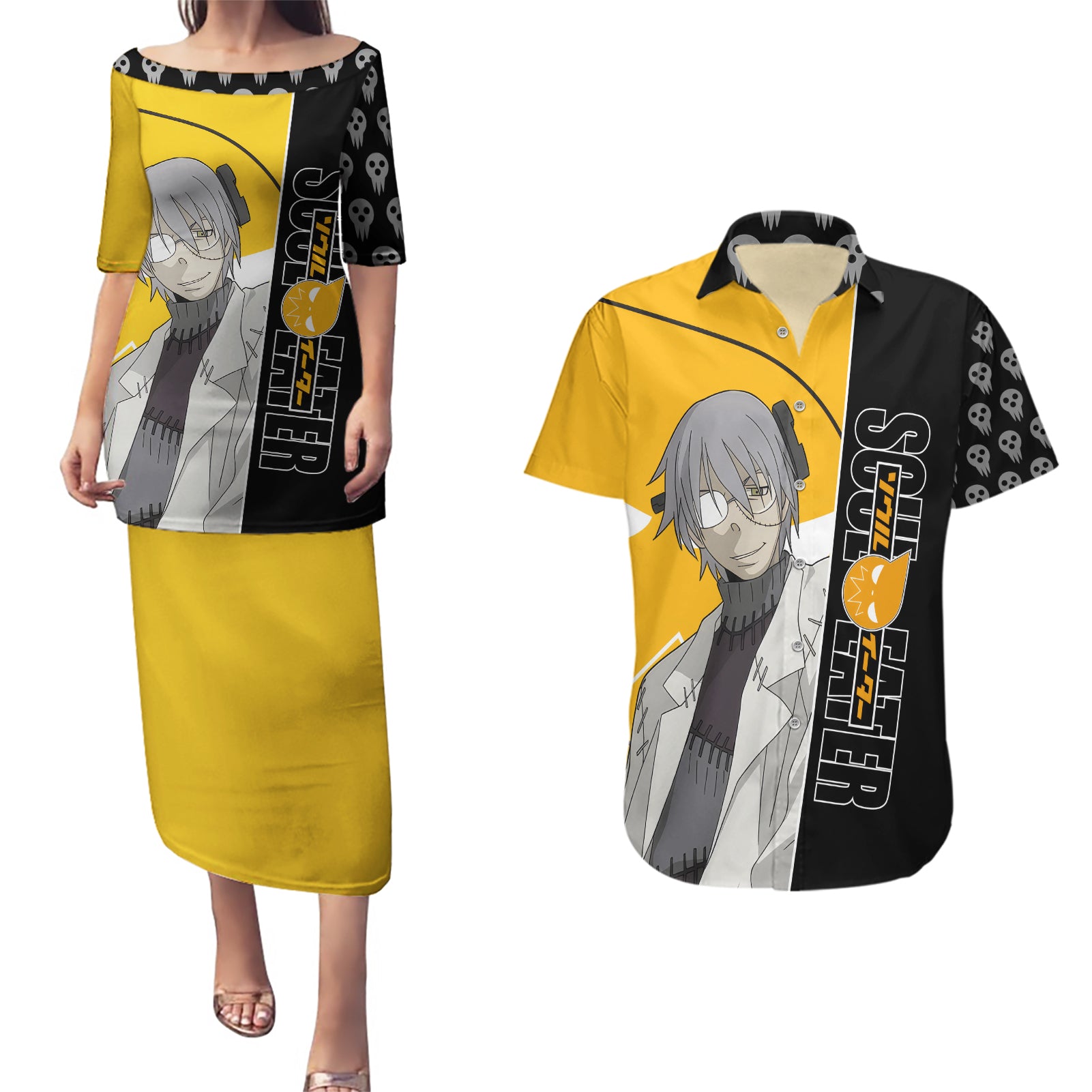 Stein Franken Soul Eater Couples Matching Puletasi and Hawaiian Shirt Anime Art Mix With Skull Pattern Style