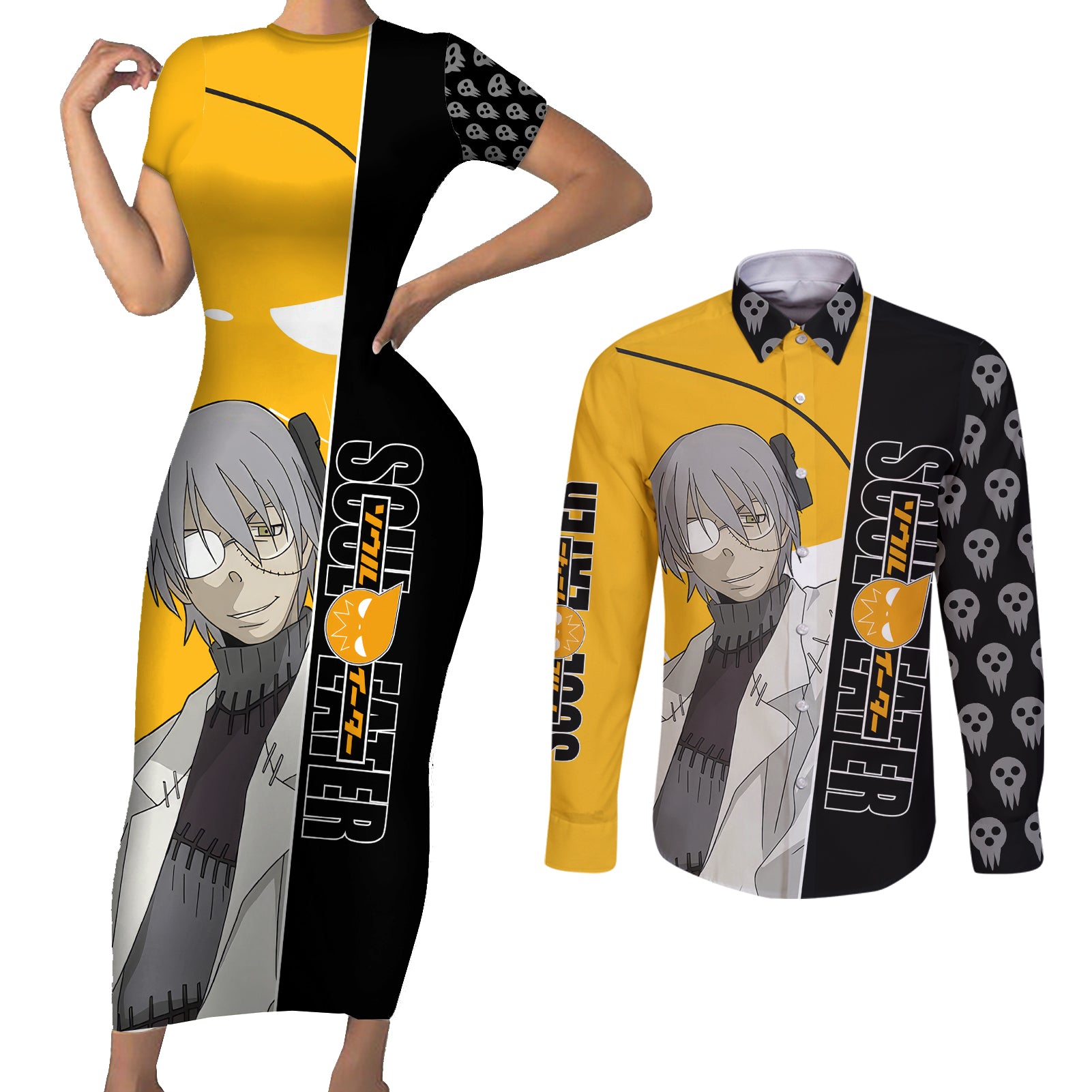 Stein Franken Soul Eater Couples Matching Short Sleeve Bodycon Dress and Long Sleeve Button Shirt Anime Art Mix With Skull Pattern Style