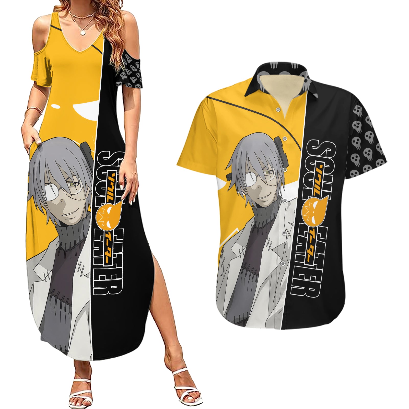 Stein Franken Soul Eater Couples Matching Summer Maxi Dress and Hawaiian Shirt Anime Art Mix With Skull Pattern Style