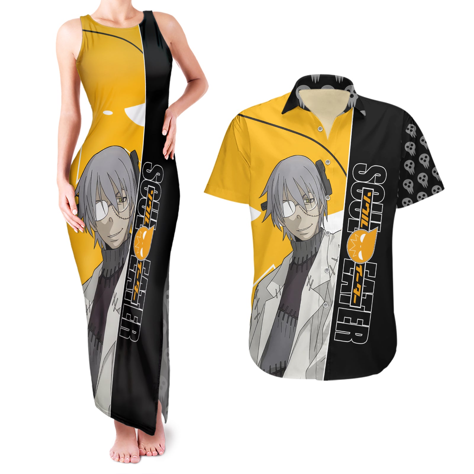 Stein Franken Soul Eater Couples Matching Tank Maxi Dress and Hawaiian Shirt Anime Art Mix With Skull Pattern Style