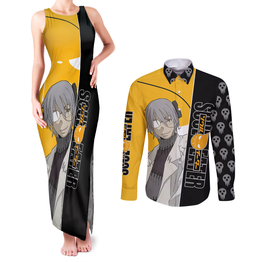 Stein Franken Soul Eater Couples Matching Tank Maxi Dress and Long Sleeve Button Shirt Anime Art Mix With Skull Pattern Style