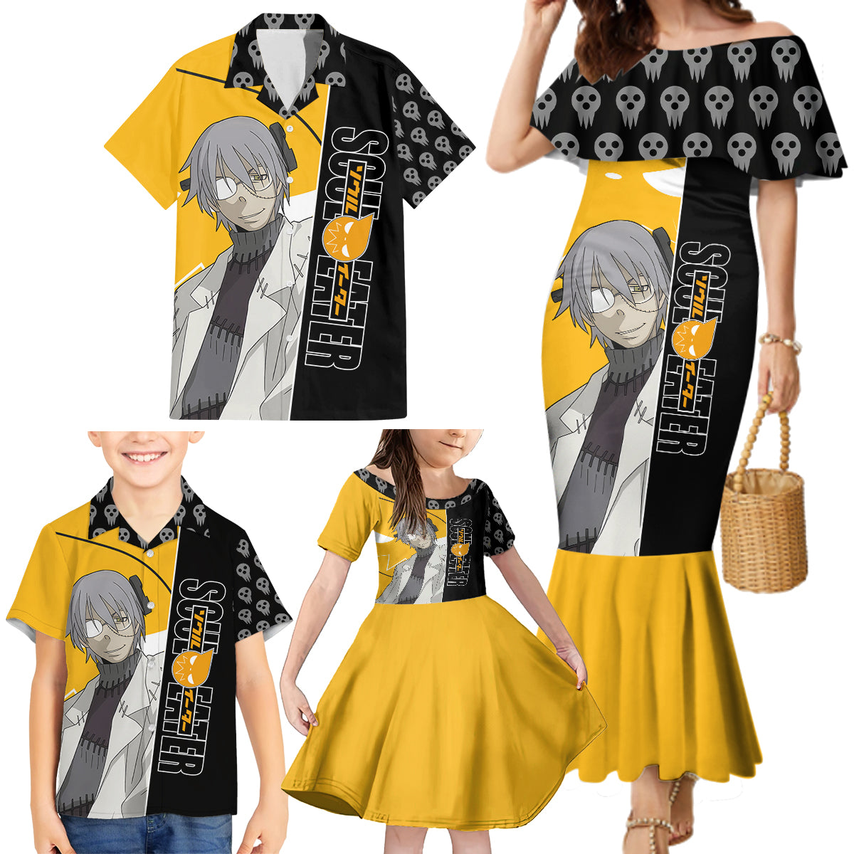 Stein Franken Soul Eater Family Matching Mermaid Dress and Hawaiian Shirt Anime Art Mix With Skull Pattern Style