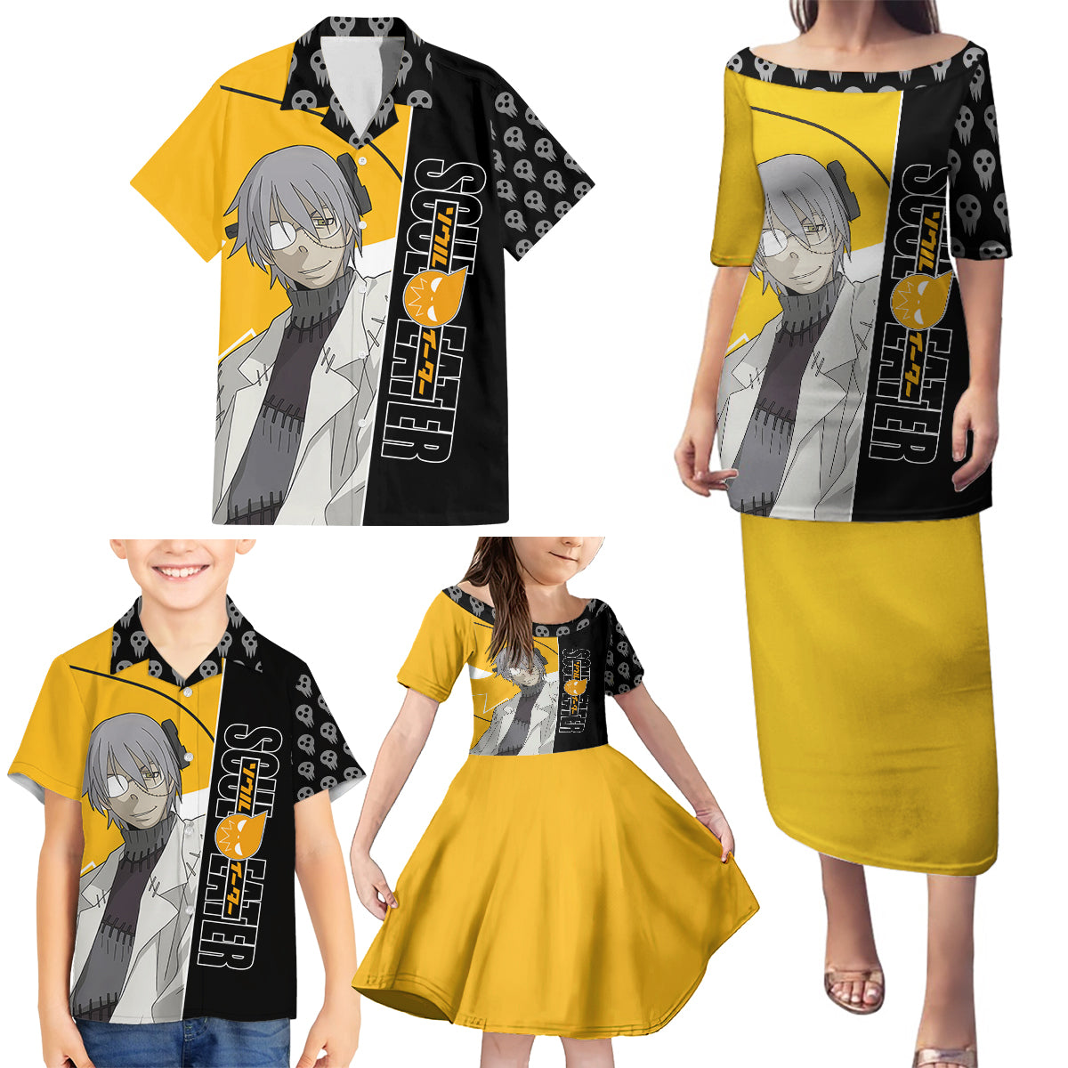 Stein Franken Soul Eater Family Matching Puletasi and Hawaiian Shirt Anime Art Mix With Skull Pattern Style