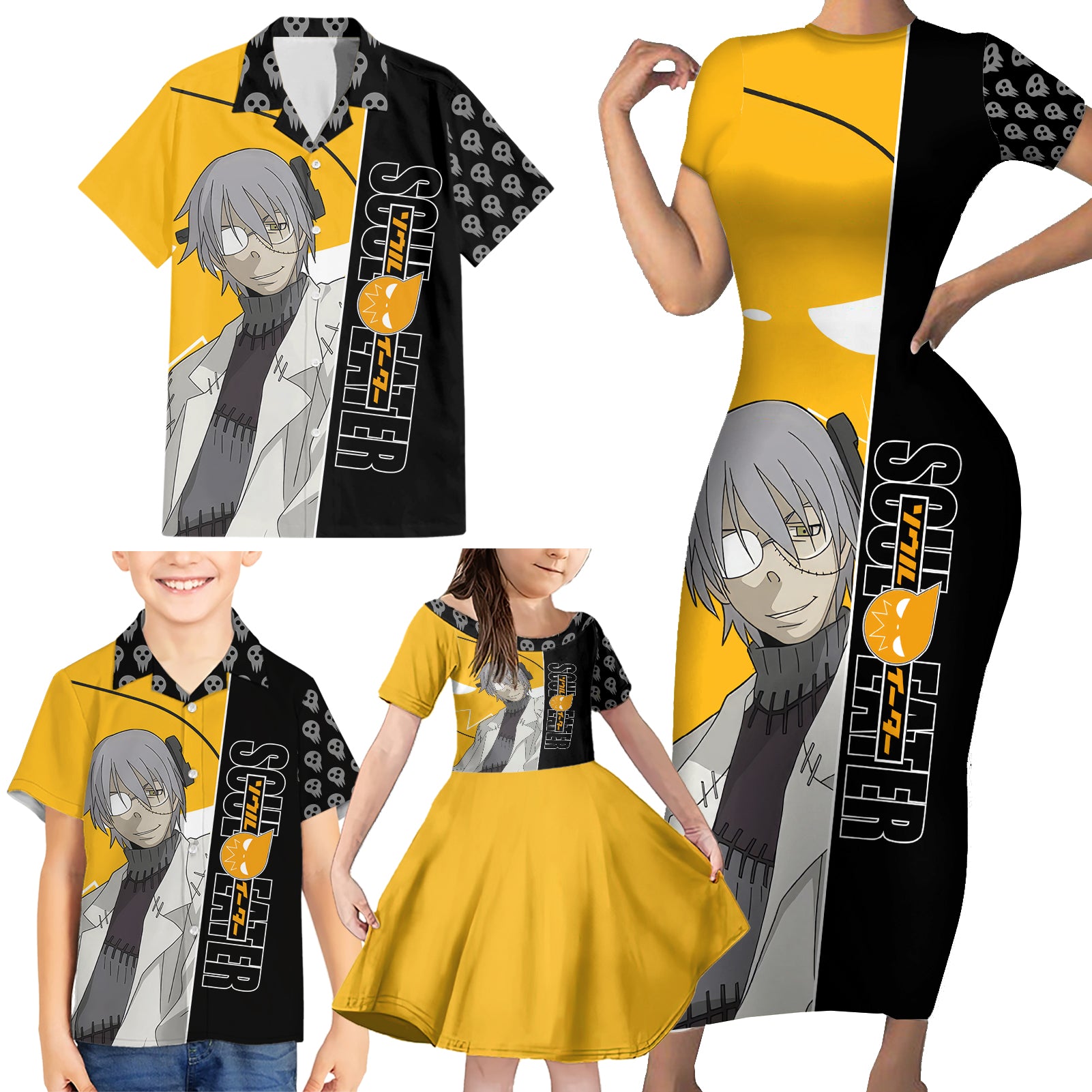 Stein Franken Soul Eater Family Matching Short Sleeve Bodycon Dress and Hawaiian Shirt Anime Art Mix With Skull Pattern Style