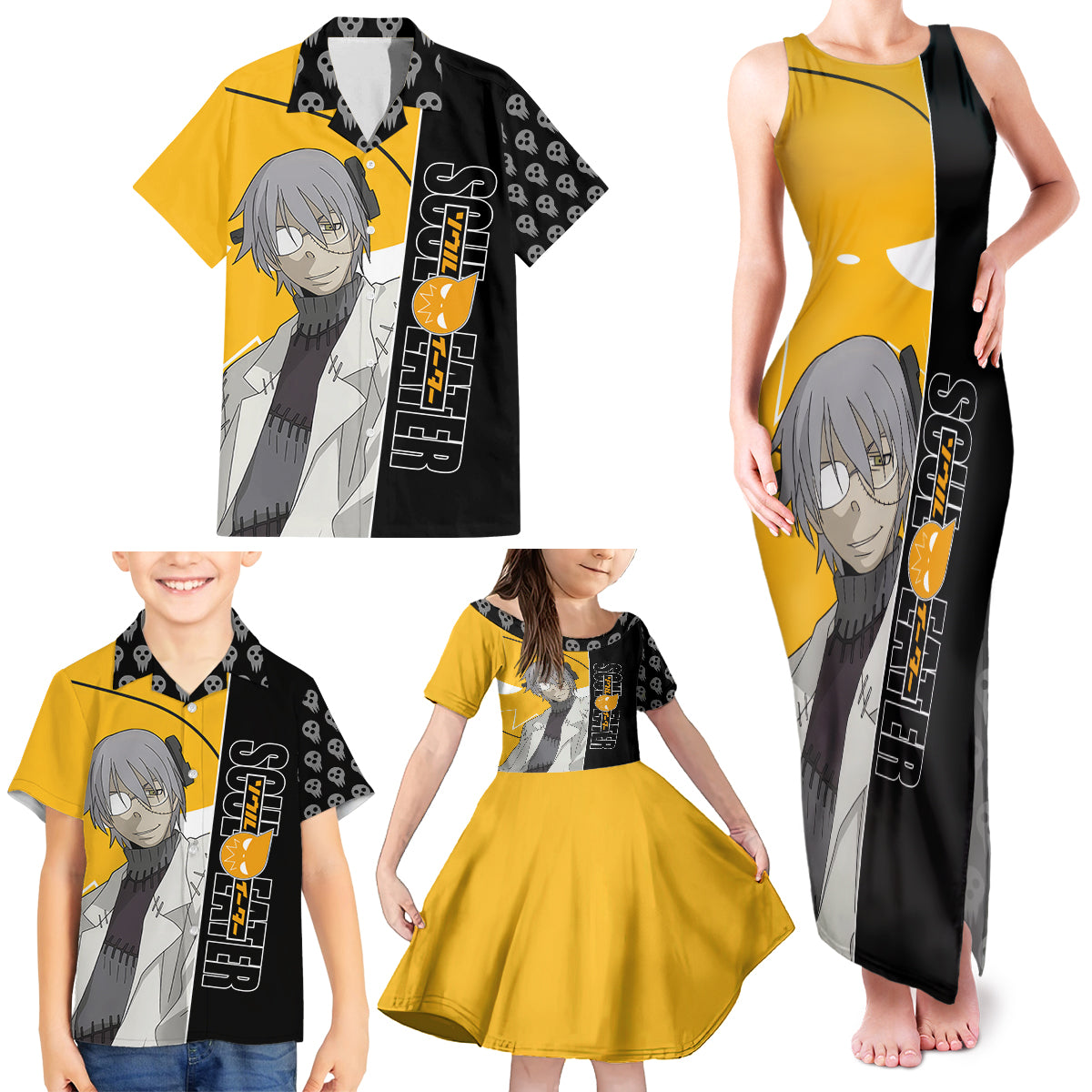 Stein Franken Soul Eater Family Matching Tank Maxi Dress and Hawaiian Shirt Anime Art Mix With Skull Pattern Style