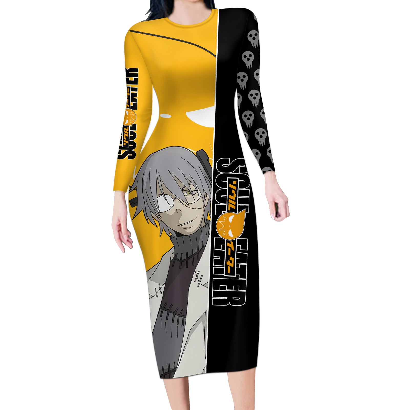 Stein Franken Soul Eater Long Sleeve Bodycon Dress Anime Art Mix With Skull Pattern Style