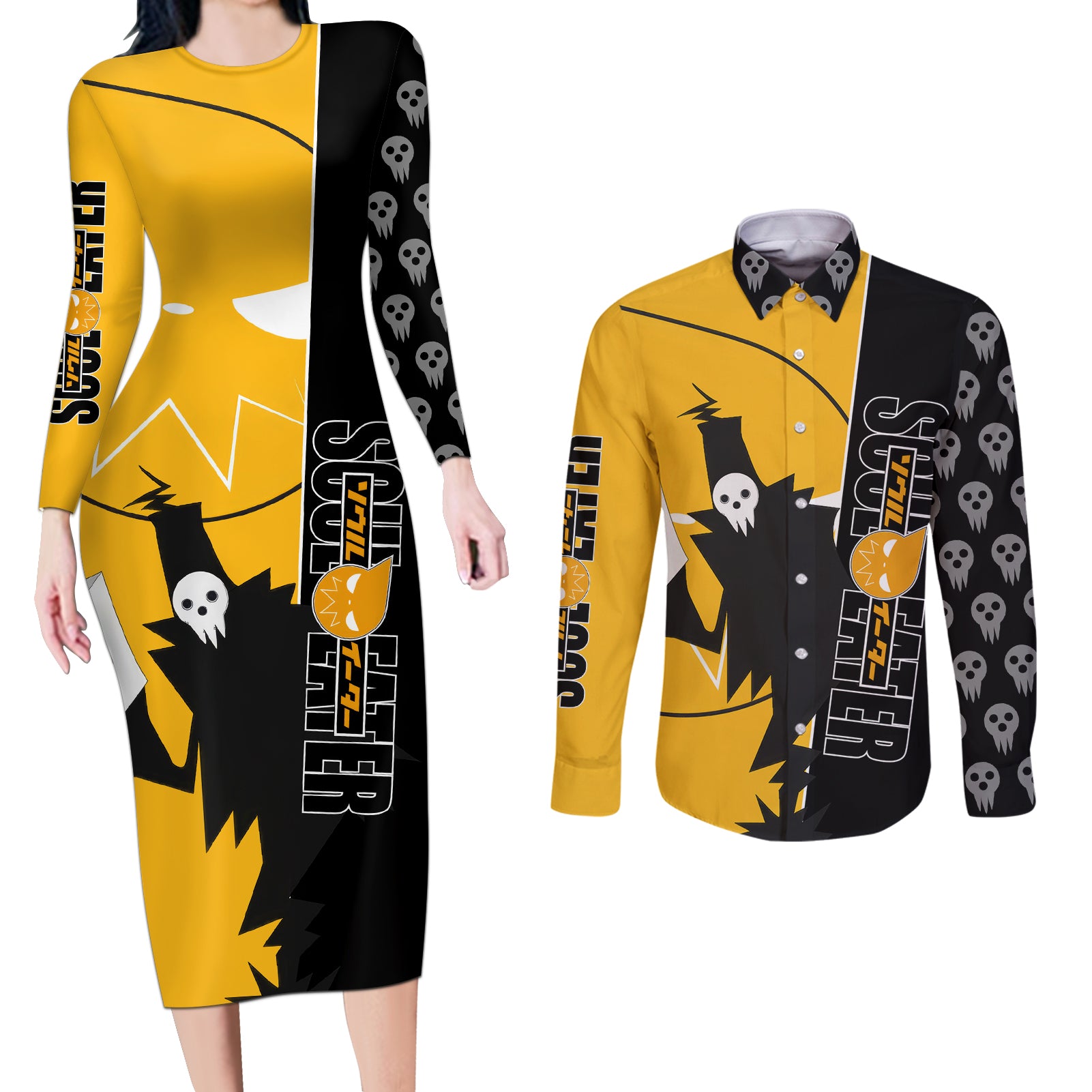 Shinigami Soul Eater Couples Matching Long Sleeve Bodycon Dress and Long Sleeve Button Shirt Anime Art Mix With Skull Pattern Style