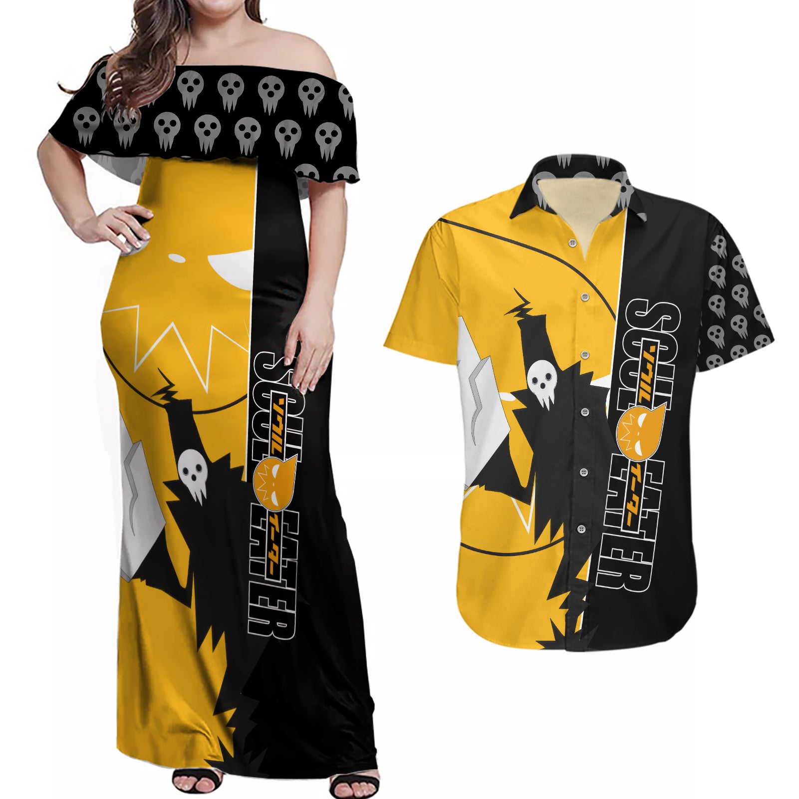 Shinigami Soul Eater Couples Matching Off Shoulder Maxi Dress and Hawaiian Shirt Anime Art Mix With Skull Pattern Style