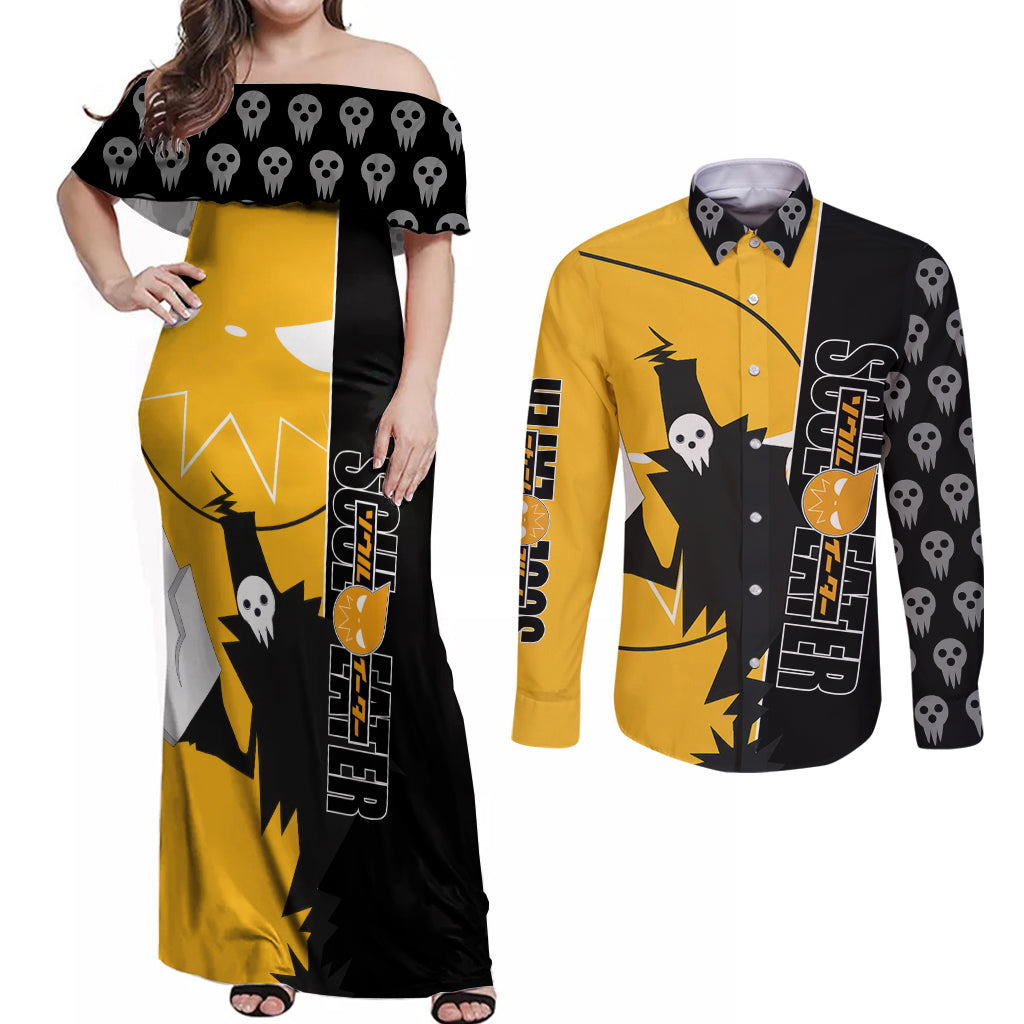 Shinigami Soul Eater Couples Matching Off Shoulder Maxi Dress and Long Sleeve Button Shirt Anime Art Mix With Skull Pattern Style