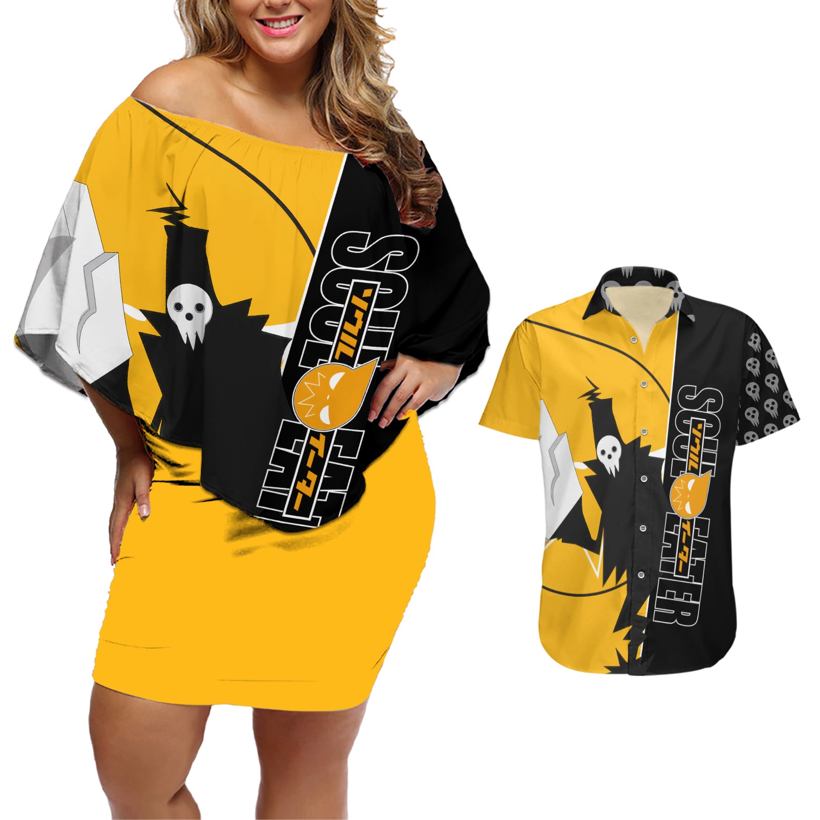 Shinigami Soul Eater Couples Matching Off Shoulder Short Dress and Hawaiian Shirt Anime Art Mix With Skull Pattern Style