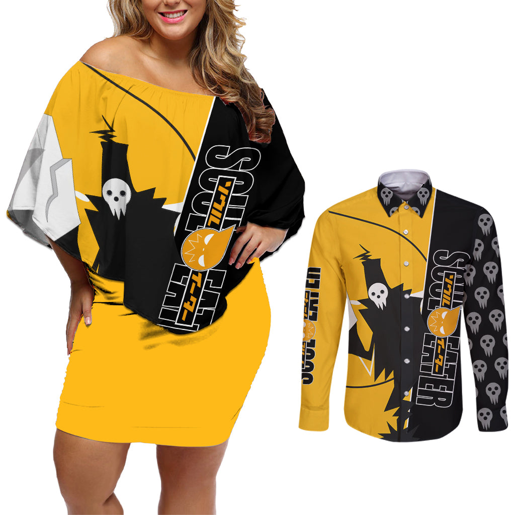 Shinigami Soul Eater Couples Matching Off Shoulder Short Dress and Long Sleeve Button Shirt Anime Art Mix With Skull Pattern Style