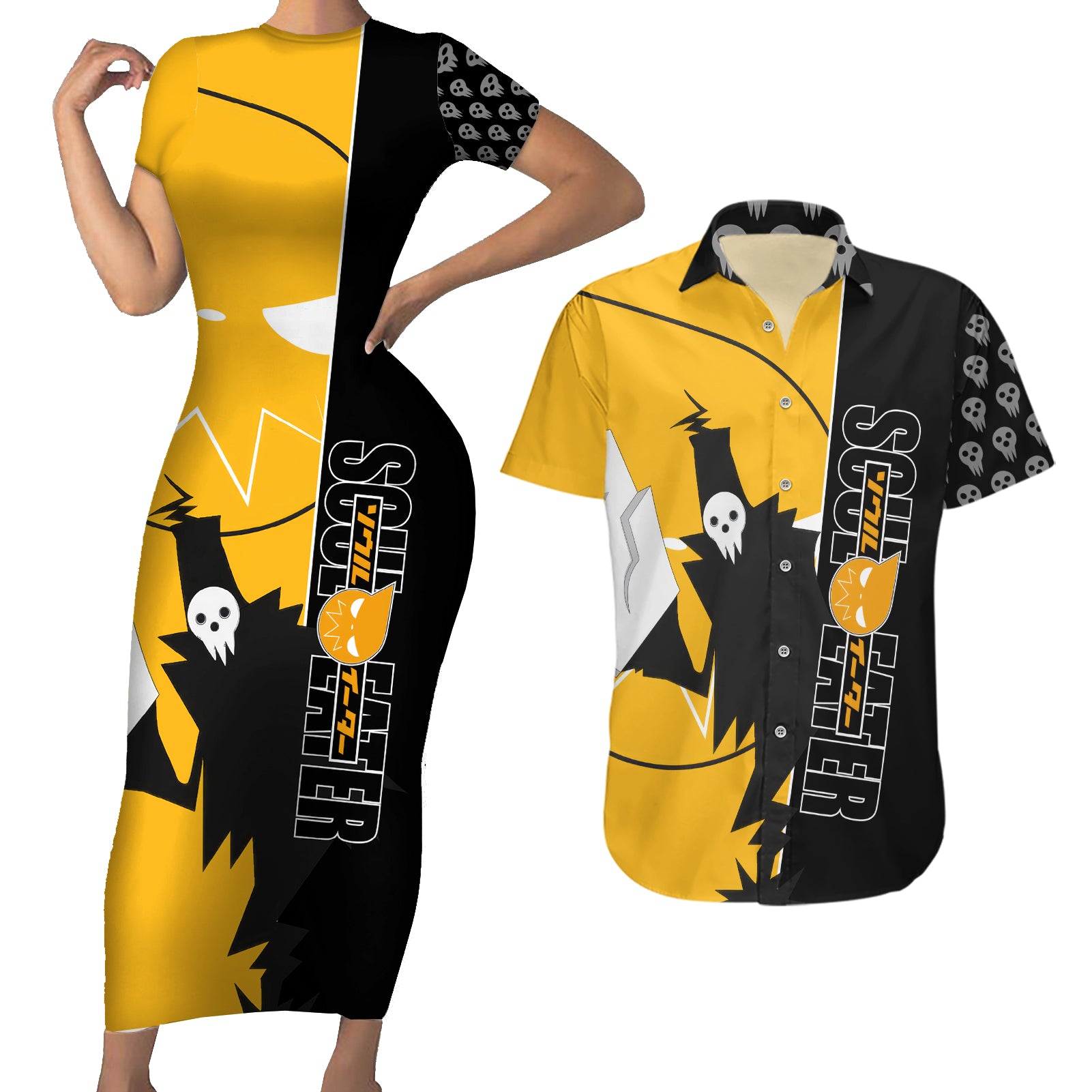 Shinigami Soul Eater Couples Matching Short Sleeve Bodycon Dress and Hawaiian Shirt Anime Art Mix With Skull Pattern Style