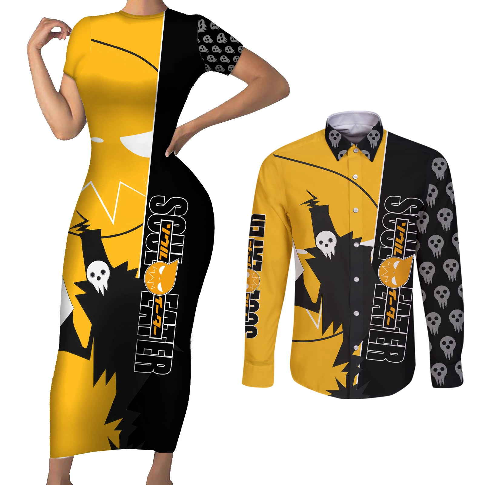 Shinigami Soul Eater Couples Matching Short Sleeve Bodycon Dress and Long Sleeve Button Shirt Anime Art Mix With Skull Pattern Style