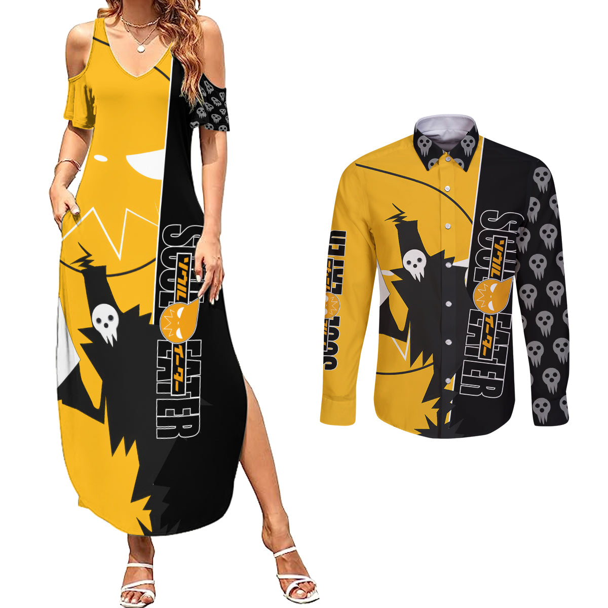 Shinigami Soul Eater Couples Matching Summer Maxi Dress and Long Sleeve Button Shirt Anime Art Mix With Skull Pattern Style