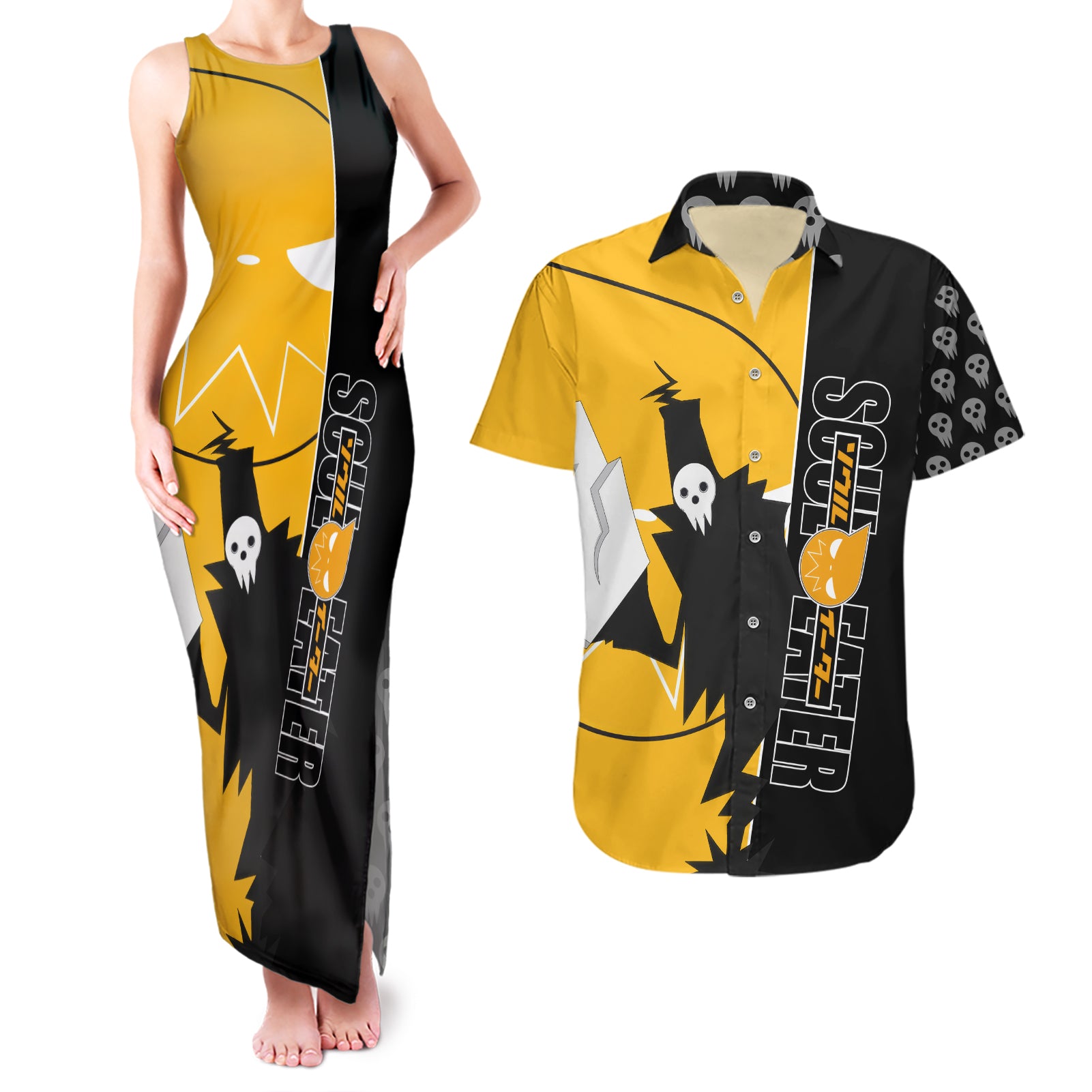 Shinigami Soul Eater Couples Matching Tank Maxi Dress and Hawaiian Shirt Anime Art Mix With Skull Pattern Style