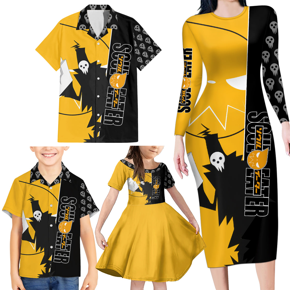 Shinigami Soul Eater Family Matching Long Sleeve Bodycon Dress and Hawaiian Shirt Anime Art Mix With Skull Pattern Style