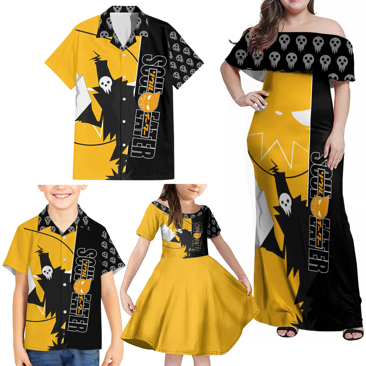 Shinigami Soul Eater Family Matching Off Shoulder Maxi Dress and Hawaiian Shirt Anime Art Mix With Skull Pattern Style