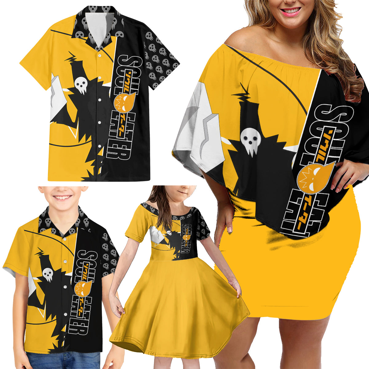 Shinigami Soul Eater Family Matching Off Shoulder Short Dress and Hawaiian Shirt Anime Art Mix With Skull Pattern Style