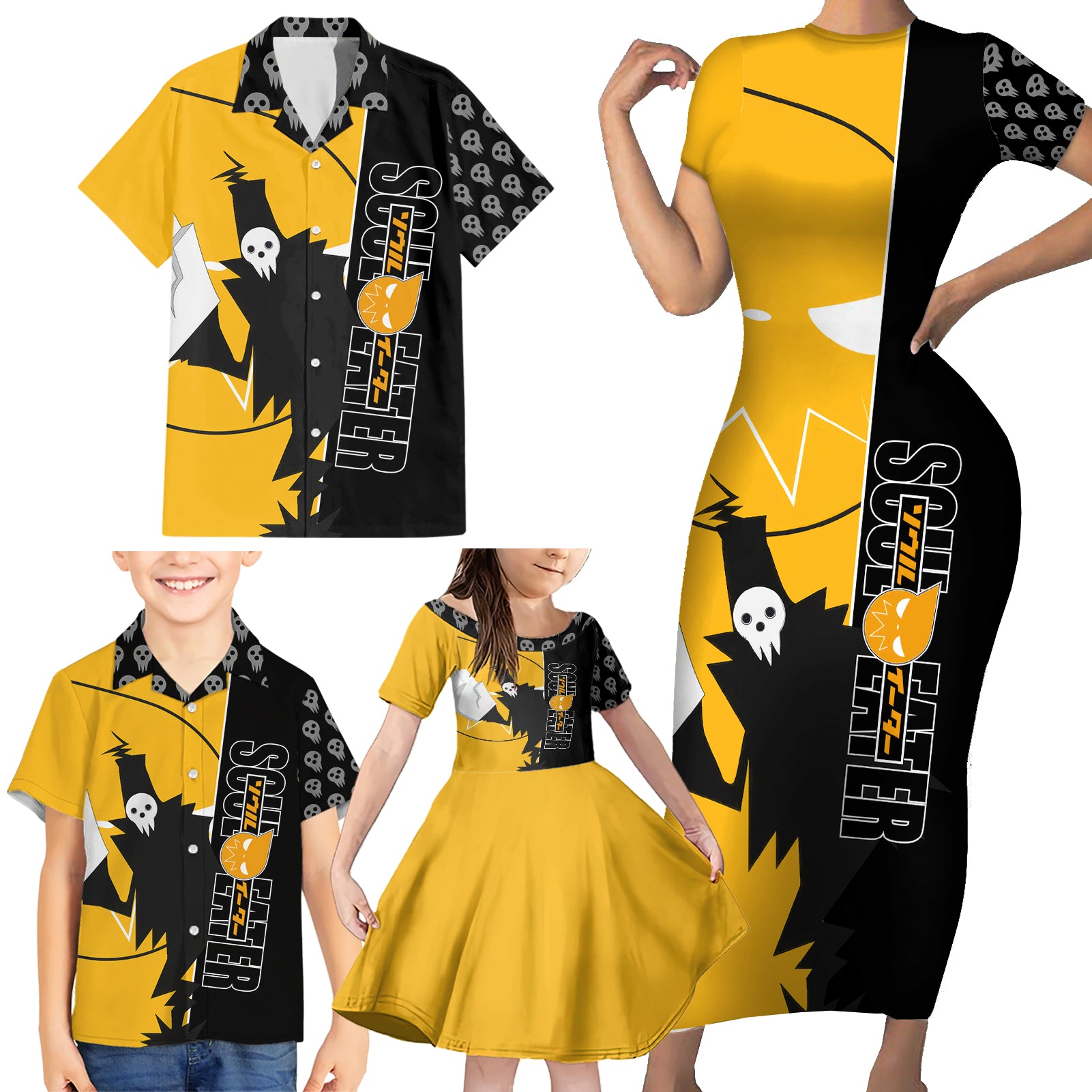 Shinigami Soul Eater Family Matching Short Sleeve Bodycon Dress and Hawaiian Shirt Anime Art Mix With Skull Pattern Style