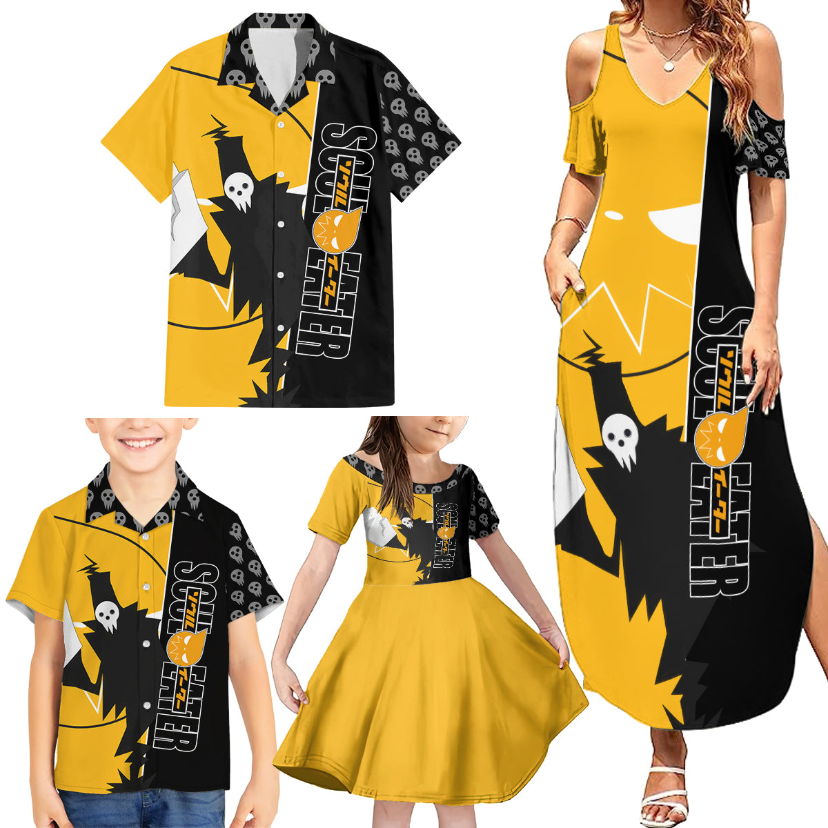 Shinigami Soul Eater Family Matching Summer Maxi Dress and Hawaiian Shirt Anime Art Mix With Skull Pattern Style