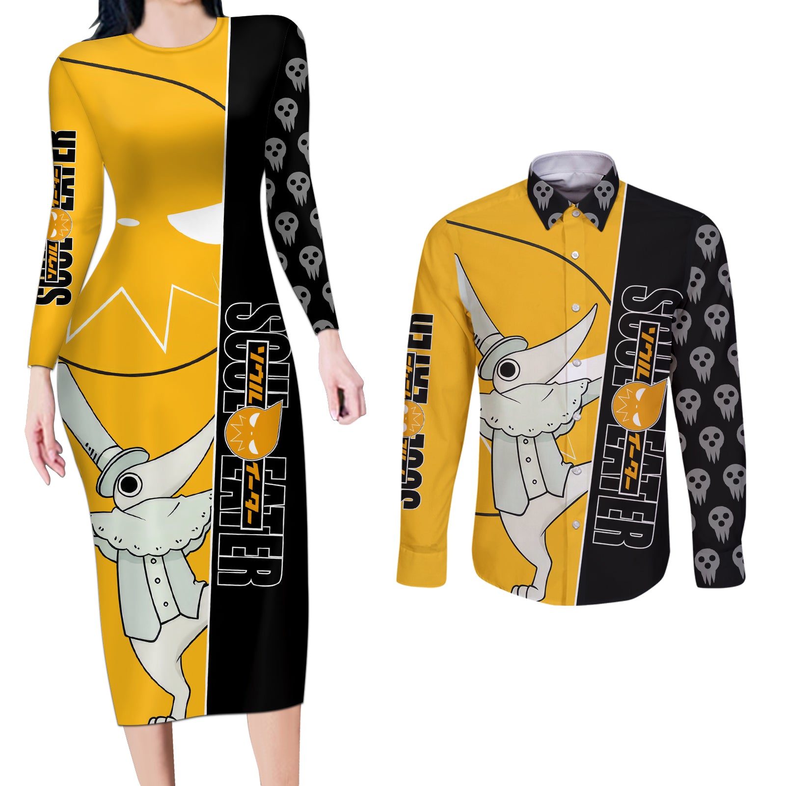 Excalibur Soul Eater Couples Matching Long Sleeve Bodycon Dress and Long Sleeve Button Shirt Anime Art Mix With Skull Pattern Style