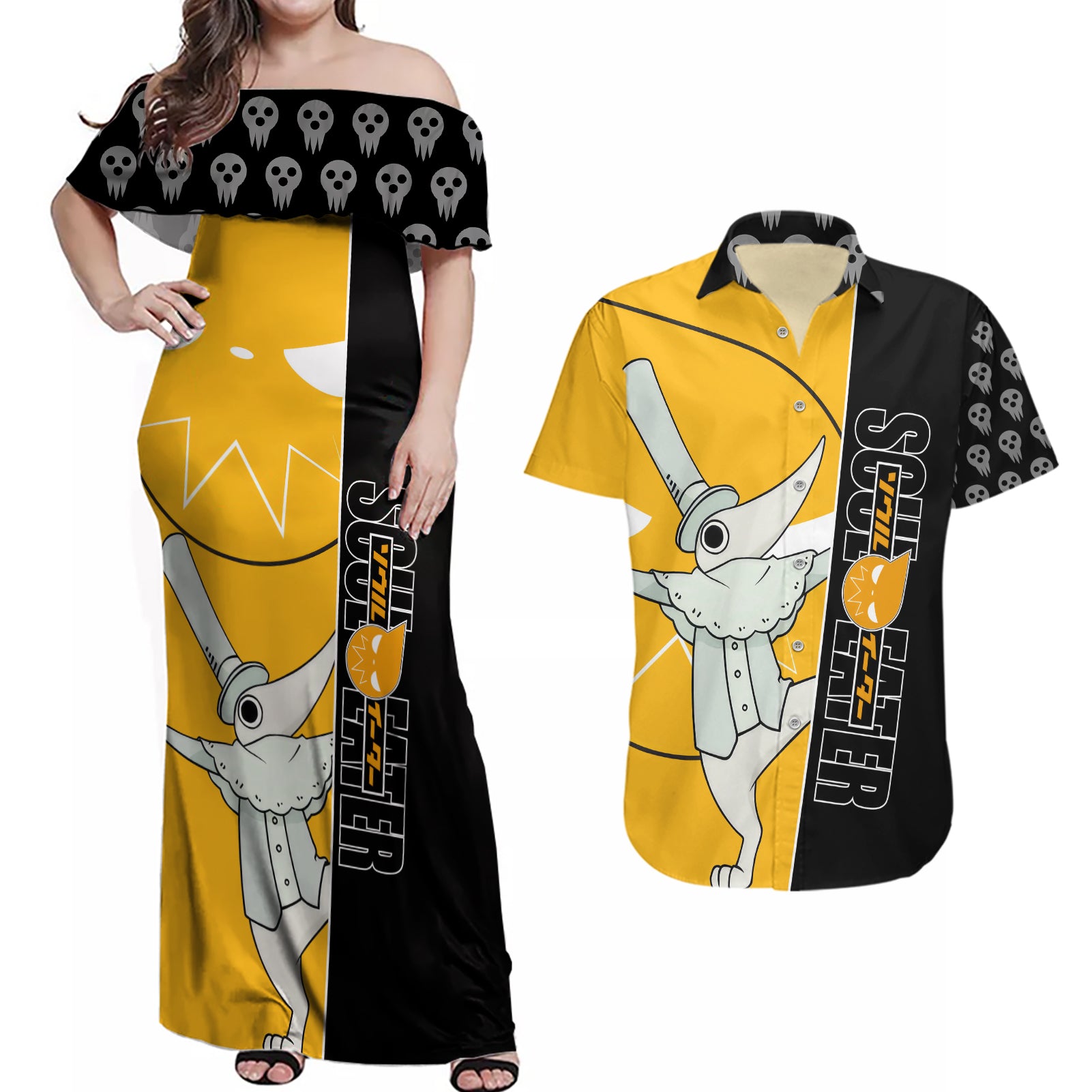 Excalibur Soul Eater Couples Matching Off Shoulder Maxi Dress and Hawaiian Shirt Anime Art Mix With Skull Pattern Style