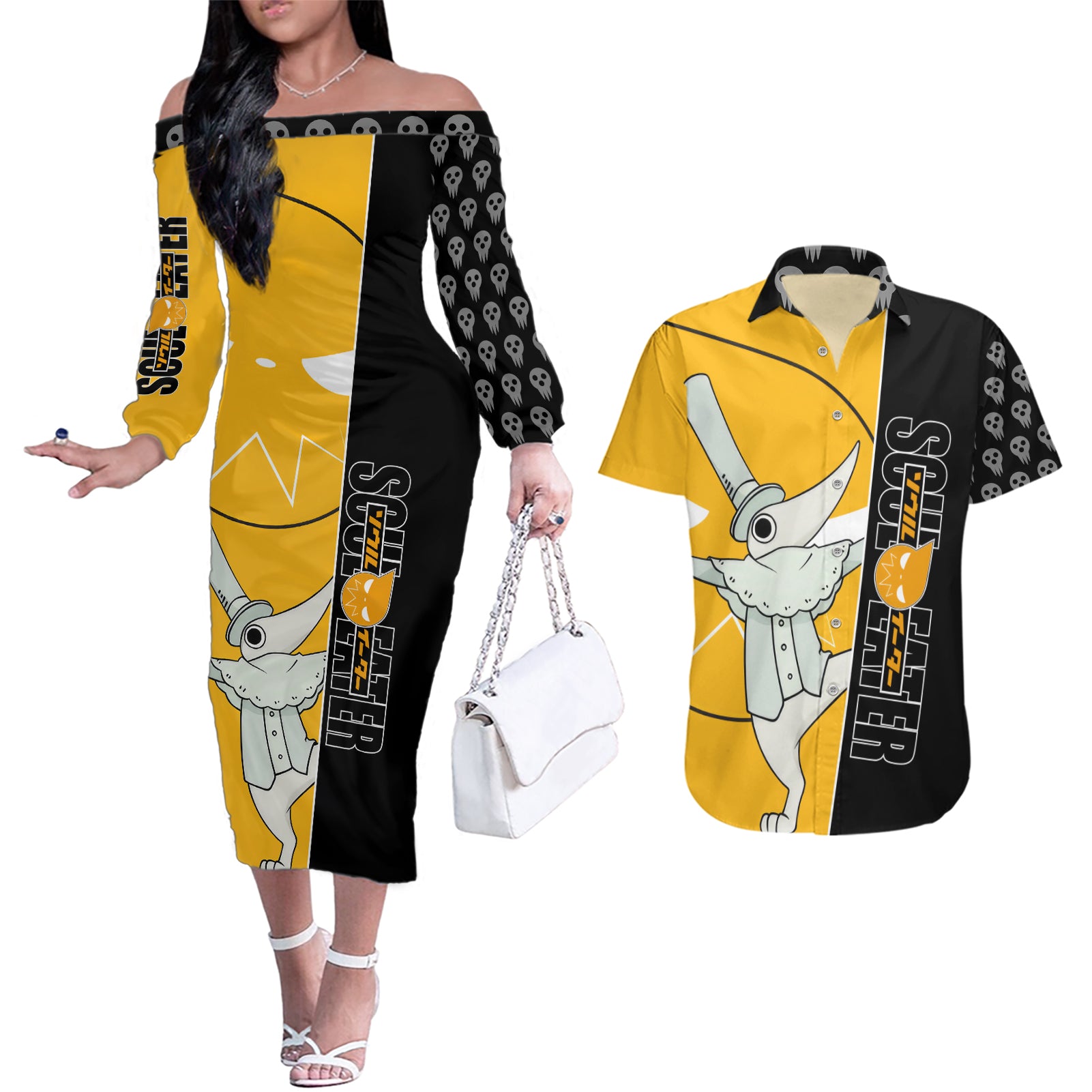 Excalibur Soul Eater Couples Matching Off The Shoulder Long Sleeve Dress and Hawaiian Shirt Anime Art Mix With Skull Pattern Style