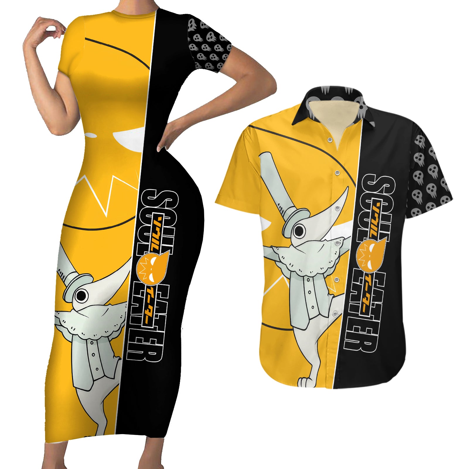 Excalibur Soul Eater Couples Matching Short Sleeve Bodycon Dress and Hawaiian Shirt Anime Art Mix With Skull Pattern Style