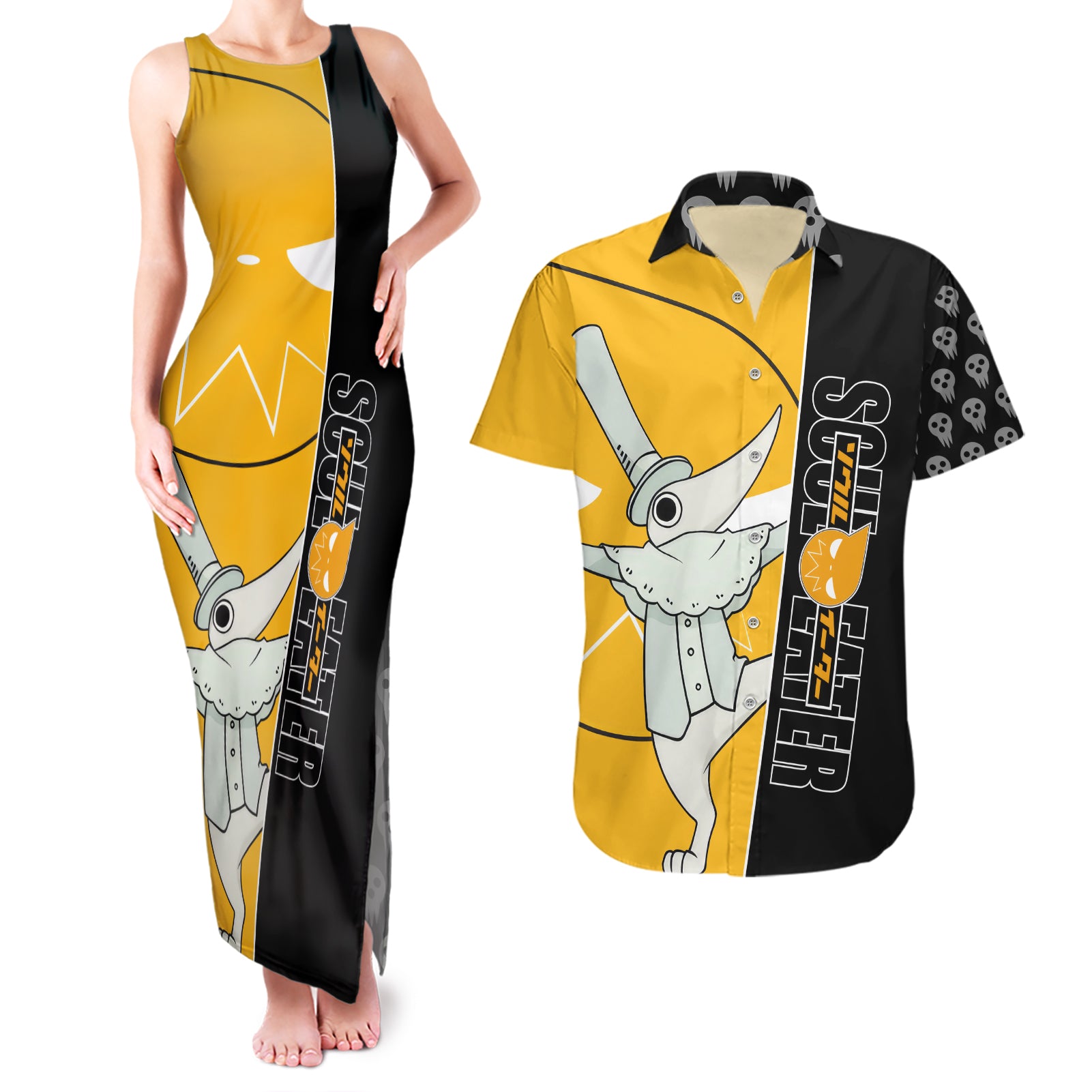 Excalibur Soul Eater Couples Matching Tank Maxi Dress and Hawaiian Shirt Anime Art Mix With Skull Pattern Style