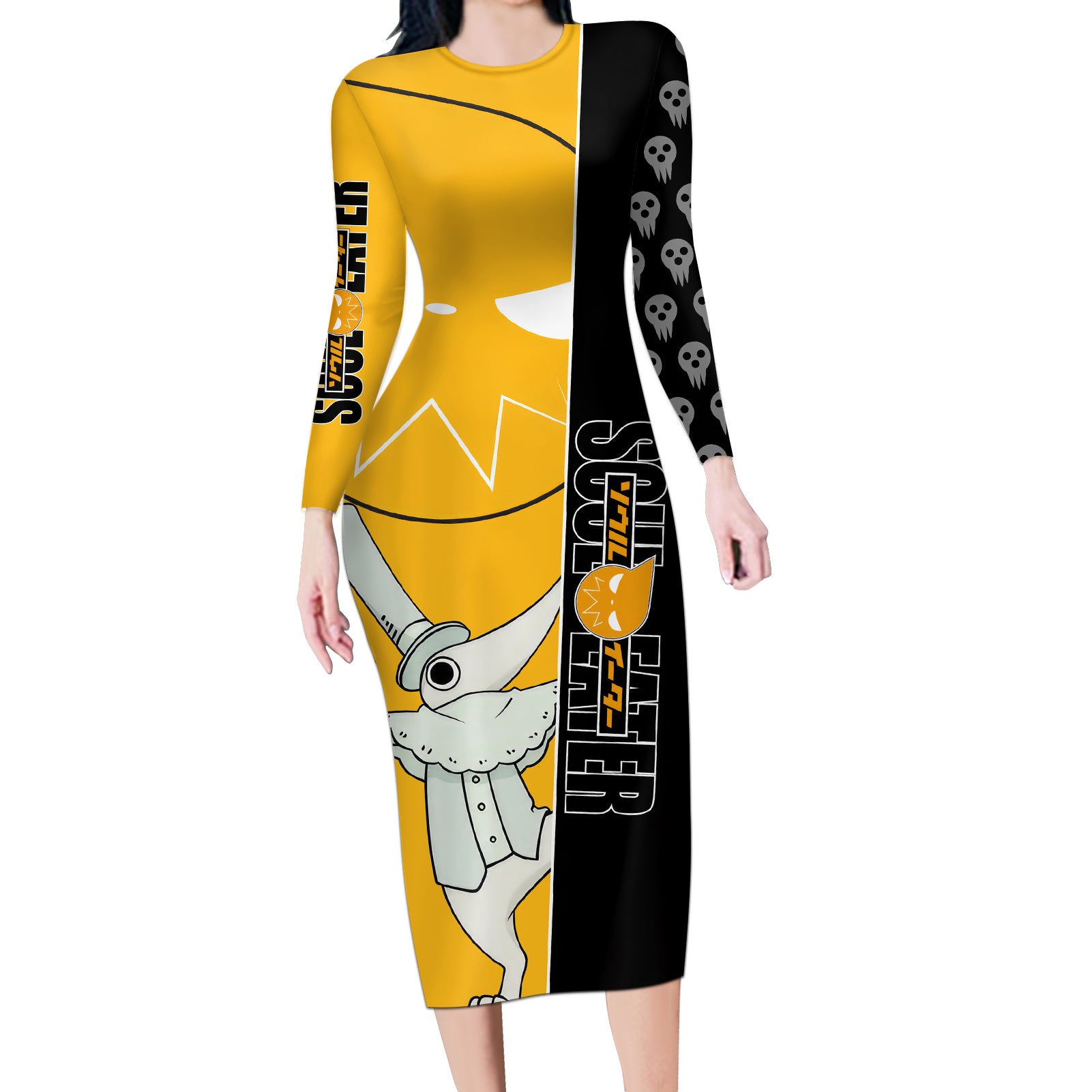 Excalibur Soul Eater Long Sleeve Bodycon Dress Anime Art Mix With Skull Pattern Style