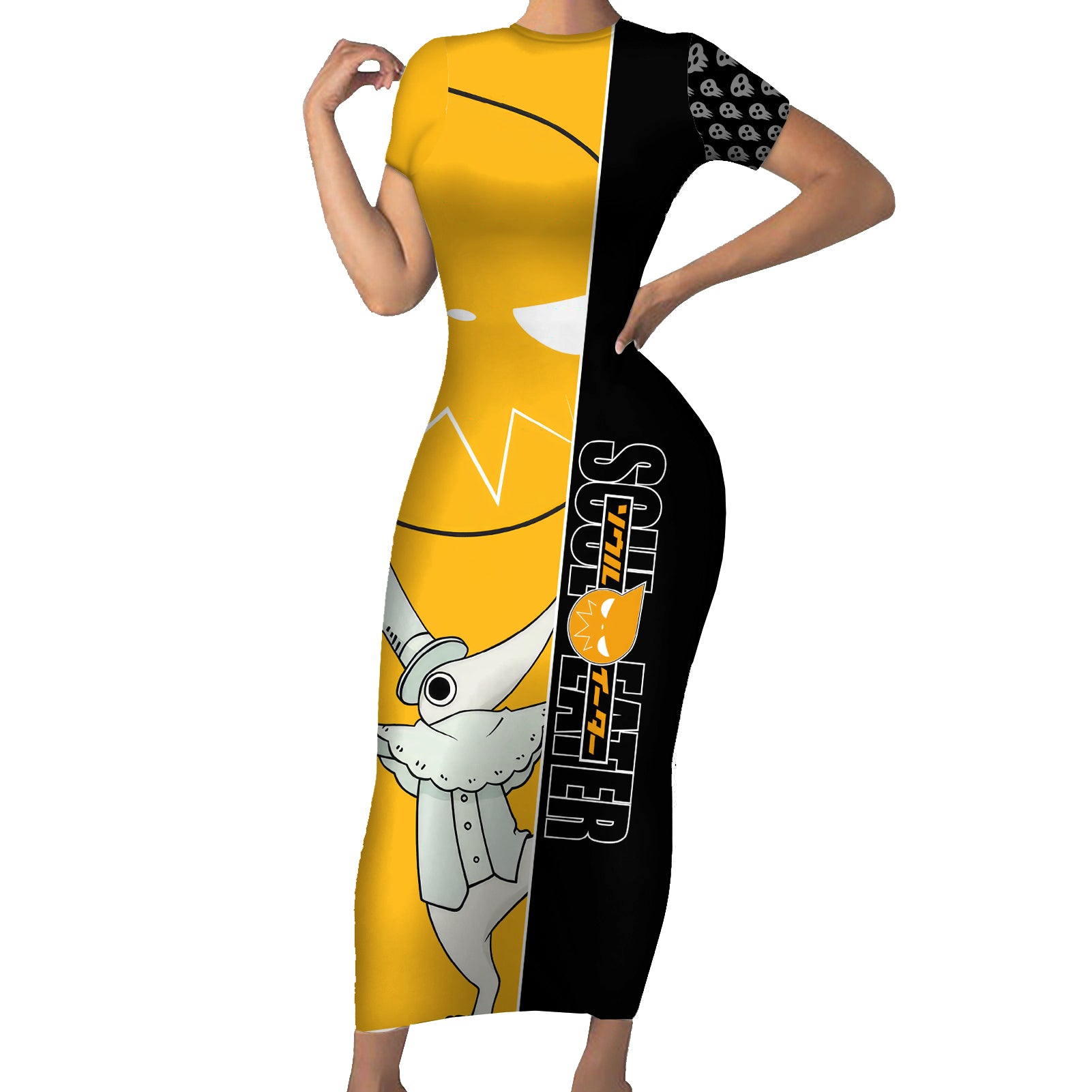 Excalibur Soul Eater Short Sleeve Bodycon Dress Anime Art Mix With Skull Pattern Style