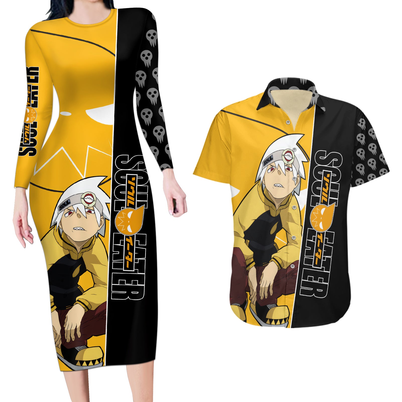 Evans Soul Eater Couples Matching Long Sleeve Bodycon Dress and Hawaiian Shirt Anime Art Mix With Skull Pattern Style