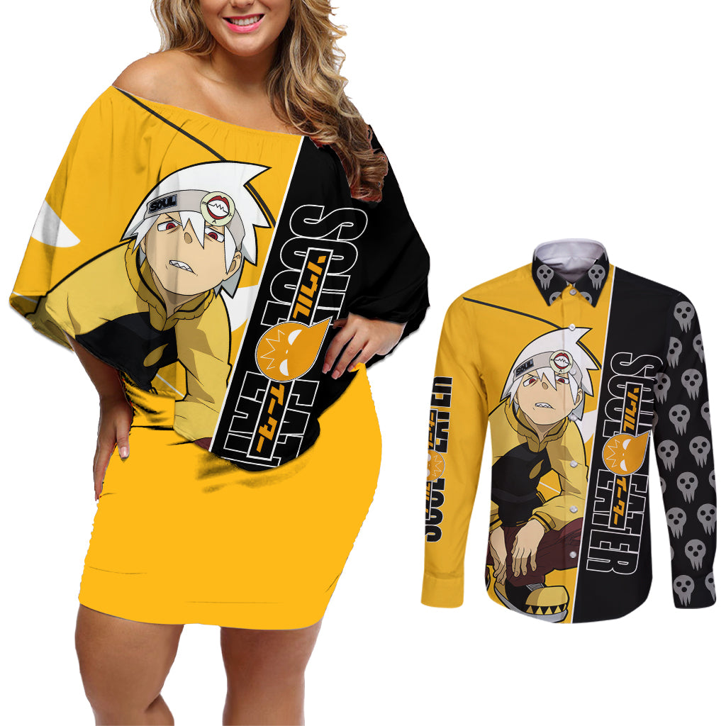 Evans Soul Eater Couples Matching Off Shoulder Short Dress and Long Sleeve Button Shirt Anime Art Mix With Skull Pattern Style