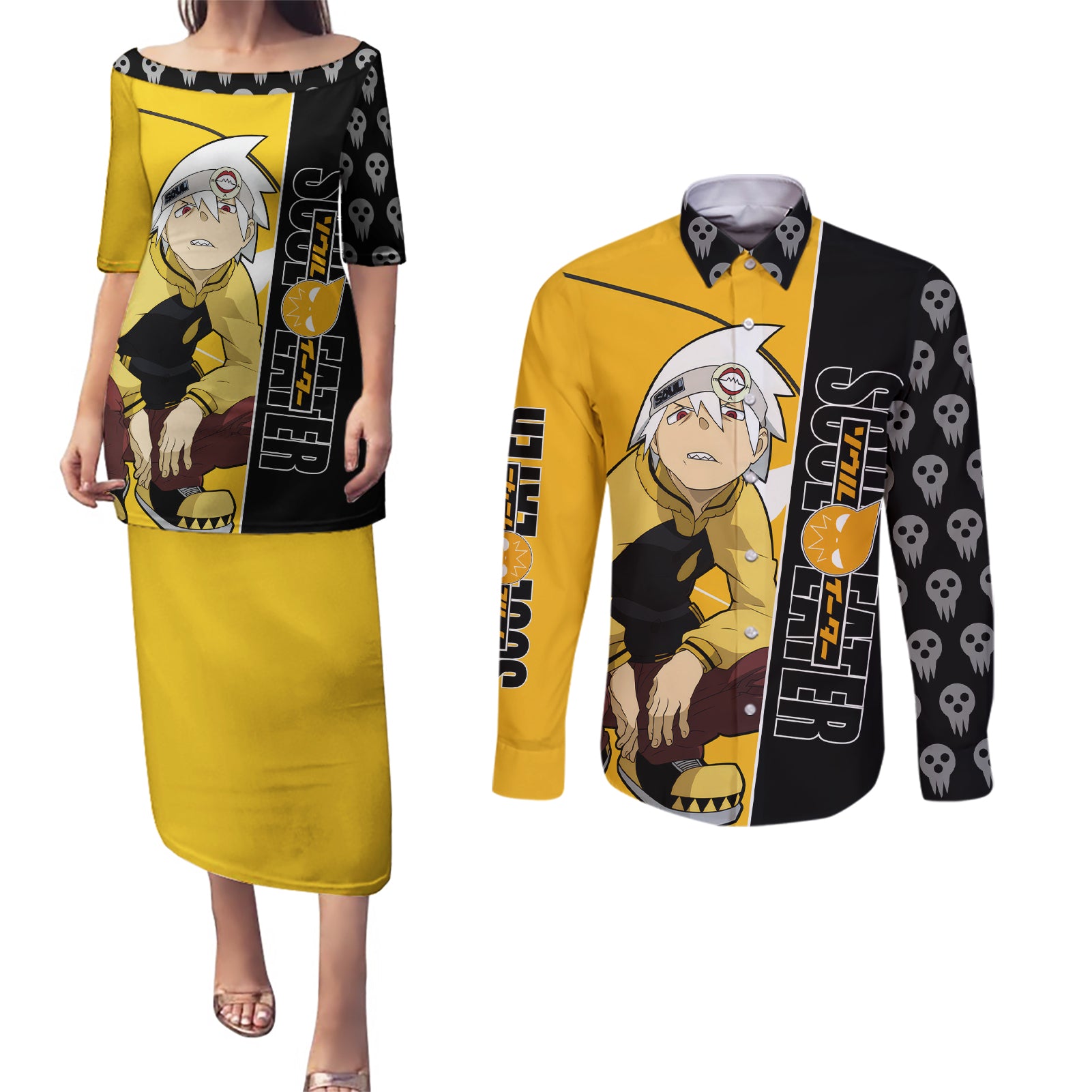 Evans Soul Eater Couples Matching Puletasi and Long Sleeve Button Shirt Anime Art Mix With Skull Pattern Style