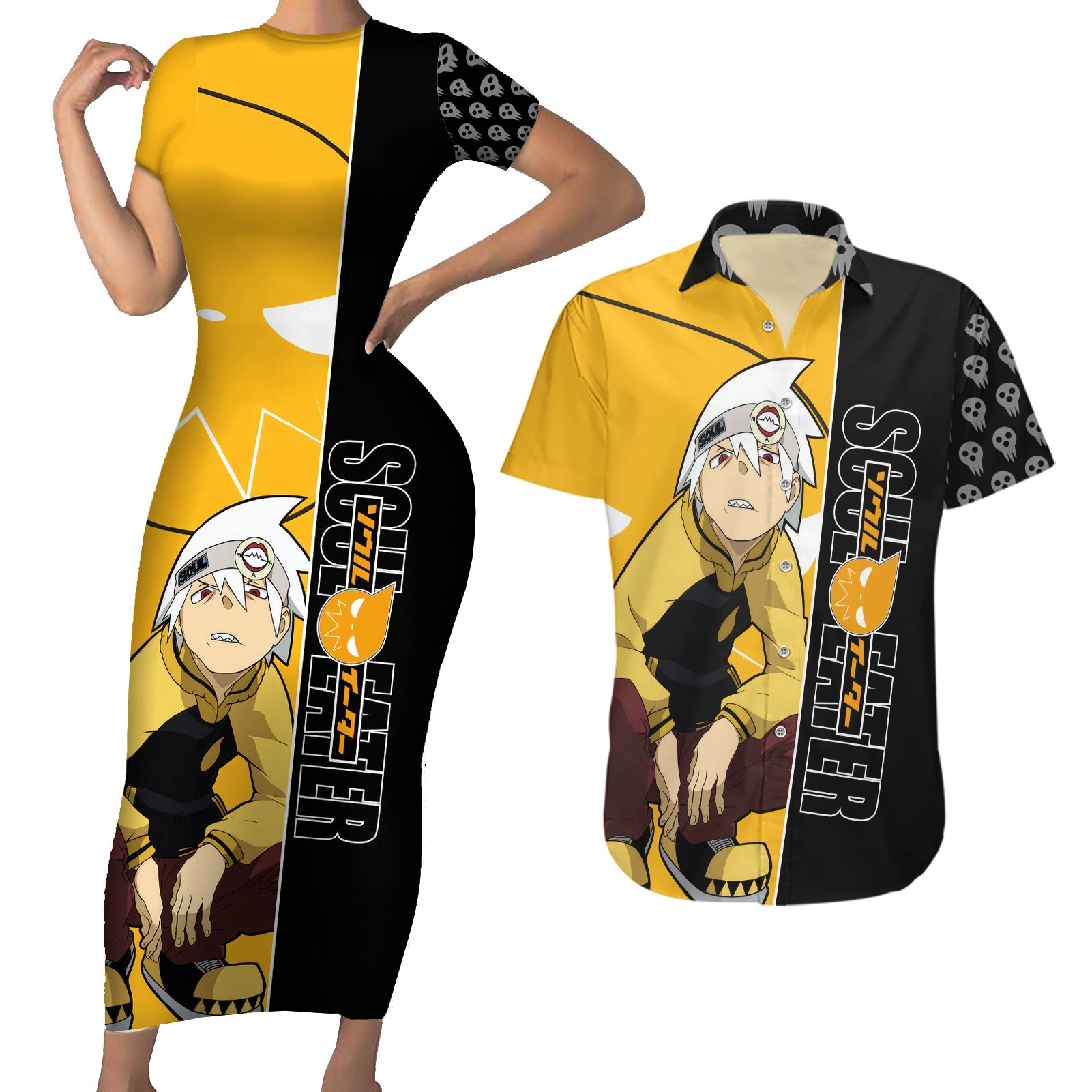 Evans Soul Eater Couples Matching Short Sleeve Bodycon Dress and Hawaiian Shirt Anime Art Mix With Skull Pattern Style