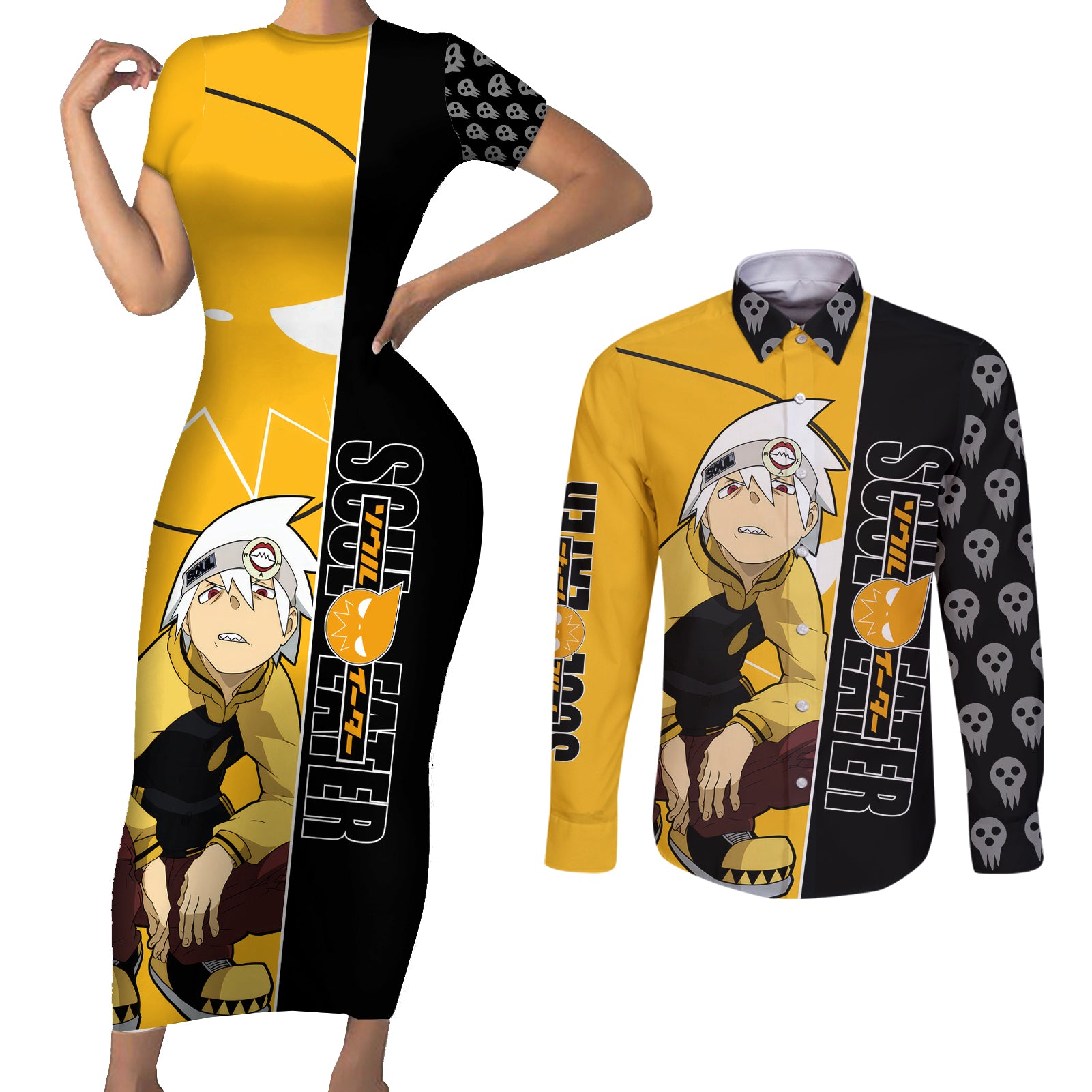 Evans Soul Eater Couples Matching Short Sleeve Bodycon Dress and Long Sleeve Button Shirt Anime Art Mix With Skull Pattern Style