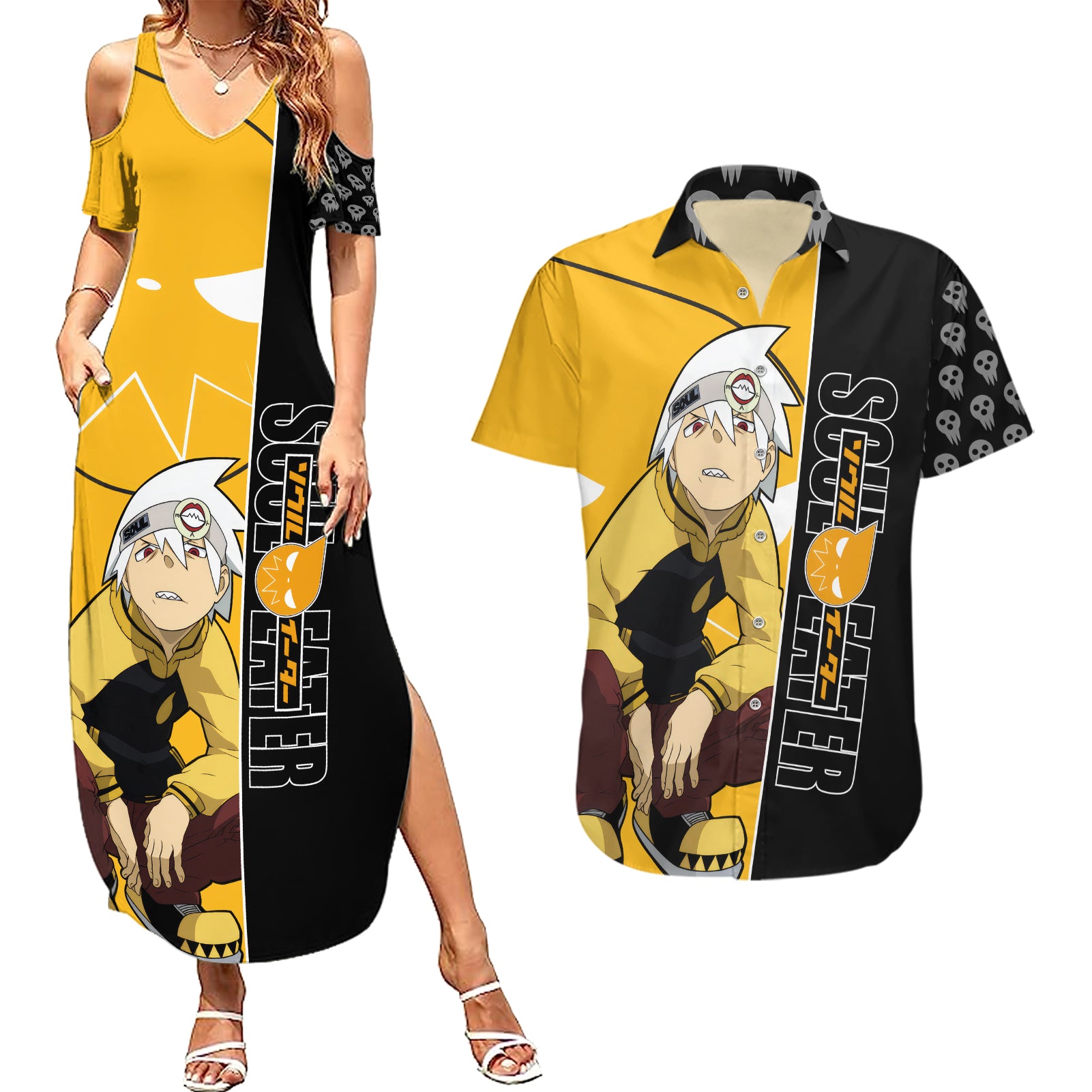 Evans Soul Eater Couples Matching Summer Maxi Dress and Hawaiian Shirt Anime Art Mix With Skull Pattern Style