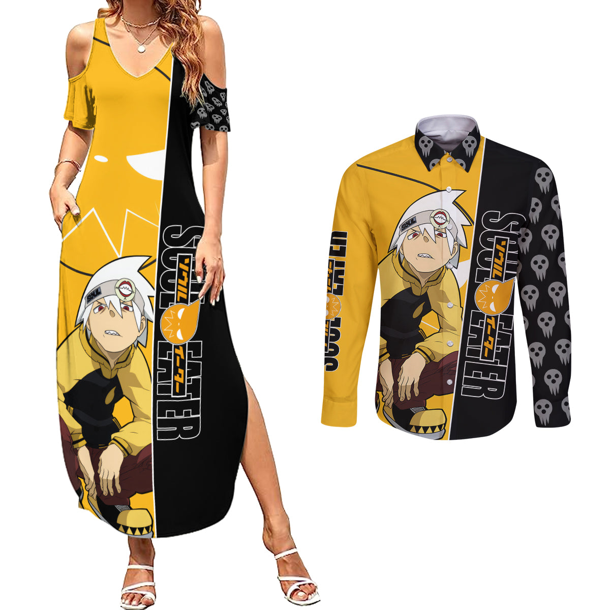 Evans Soul Eater Couples Matching Summer Maxi Dress and Long Sleeve Button Shirt Anime Art Mix With Skull Pattern Style