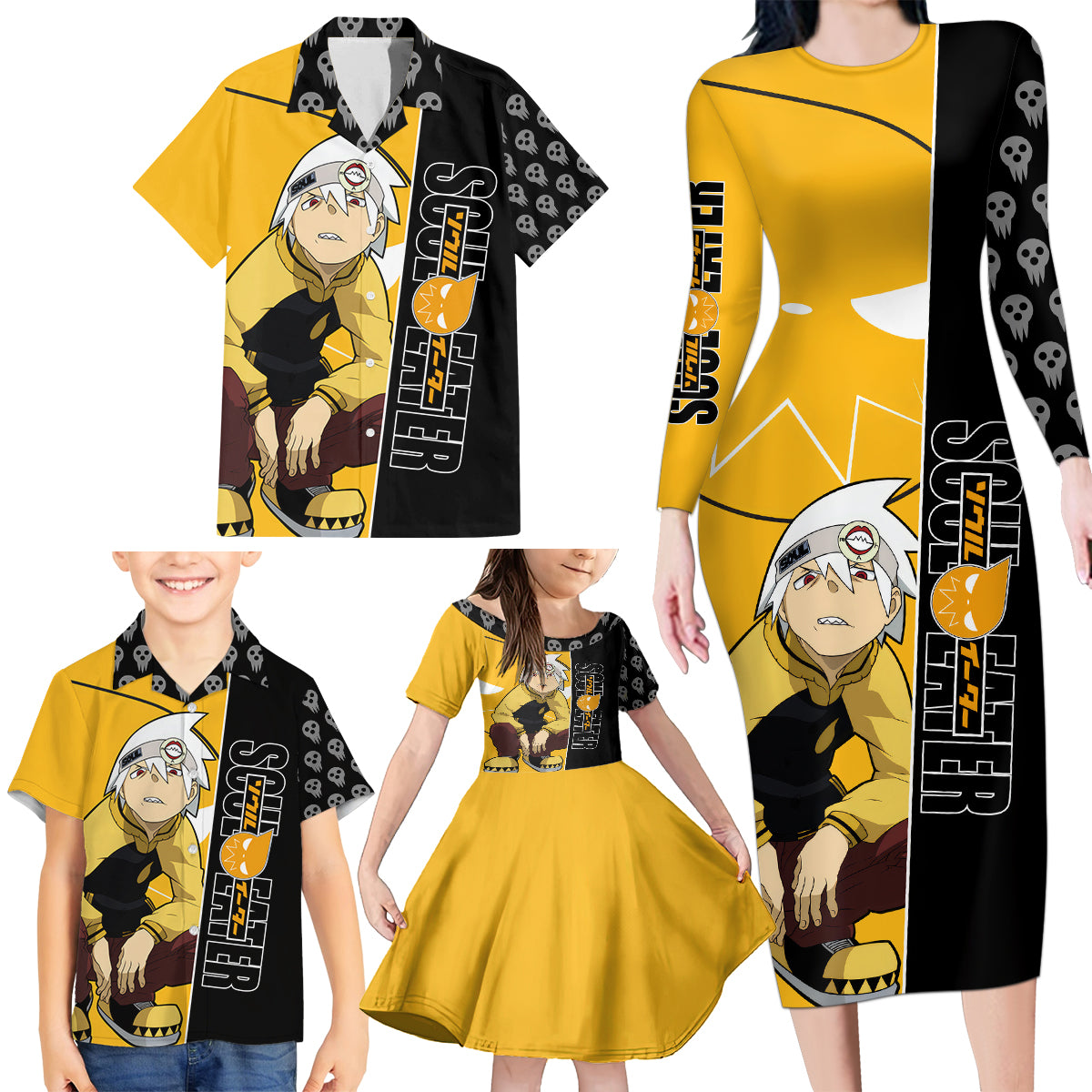 Evans Soul Eater Family Matching Long Sleeve Bodycon Dress and Hawaiian Shirt Anime Art Mix With Skull Pattern Style